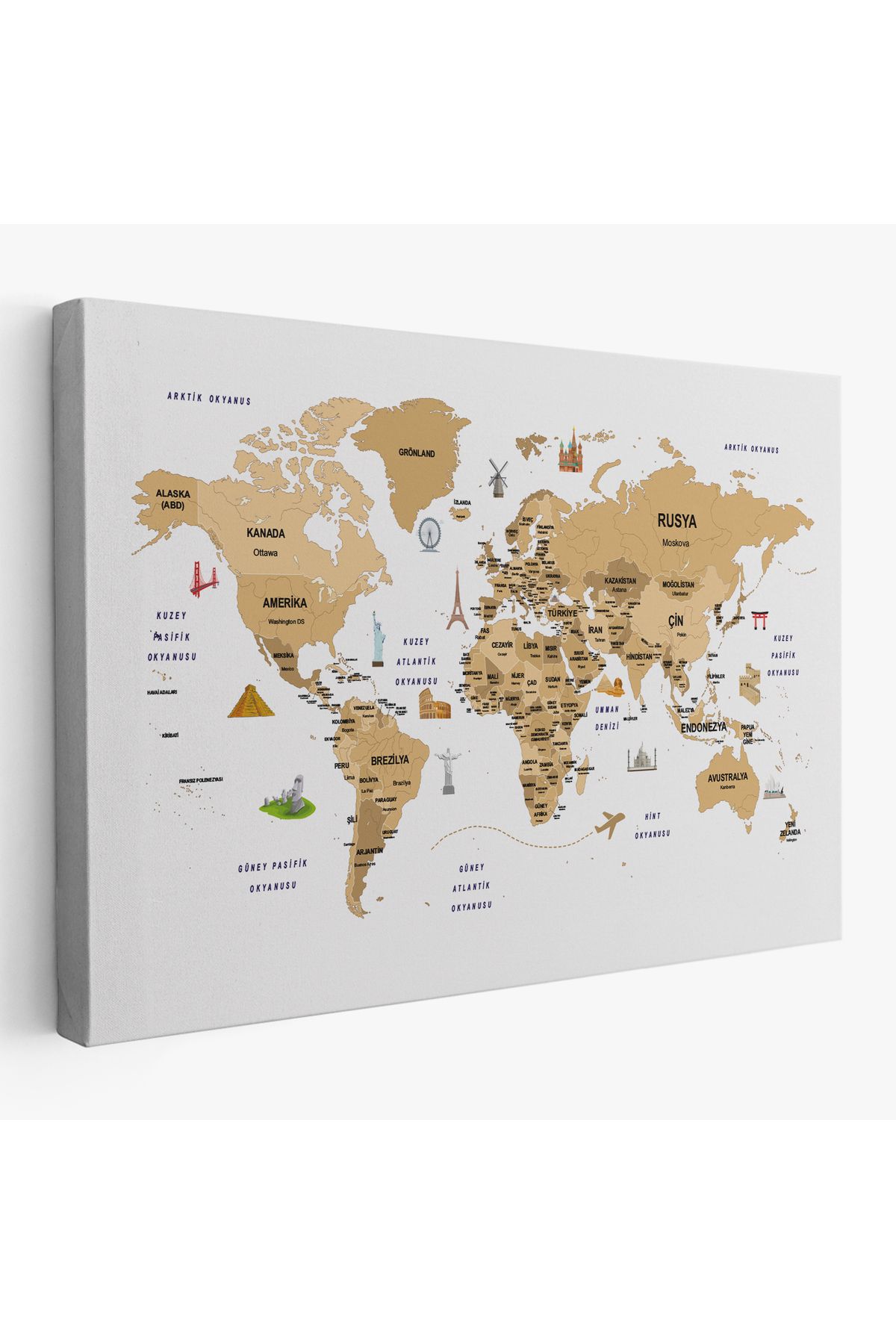 Ervastore Erv Seri100  Türkçe Dünya Haritası Dekoratif Kanvas Tablo Ülke-Başkentli Öğretici ve Sembollü 2322