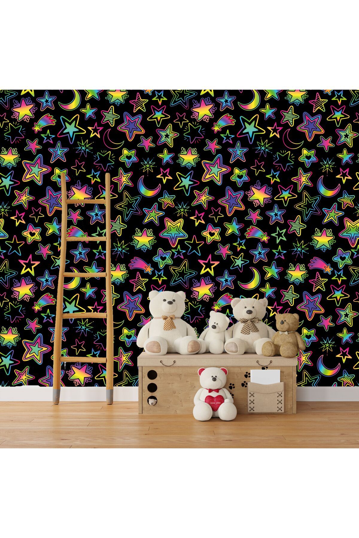 KKTS Neon Renkli Yıldızlar,Ay ve Gökyüzü Çocuk Odası Anaokulu Kreş Duvar Kağıdı