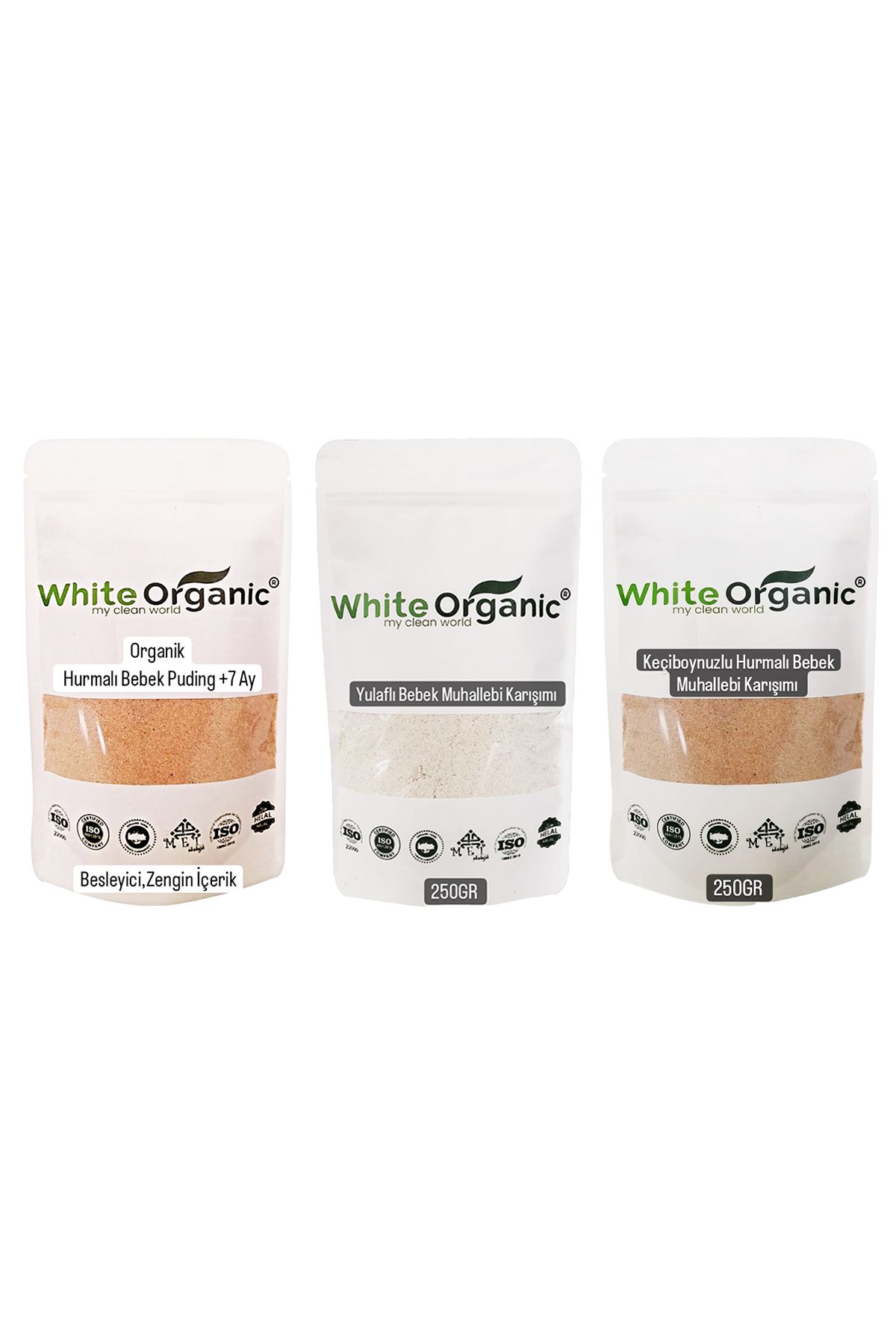 White Organic Organik Bebek Muhallebi Puding Seti (Hurmalı-Keçiboynuzlu-Yulaflı) 6-7-8-9 Ay Şeker İlavesiz