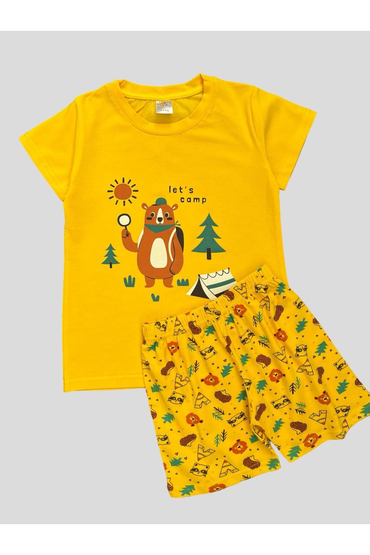 elmas kids Erkek Çocuk %100 Pamuklu Ayıcık Çadır Çam Desenli Kısa Kollu Şortlu Sarı Yazlık Pijama Takımı