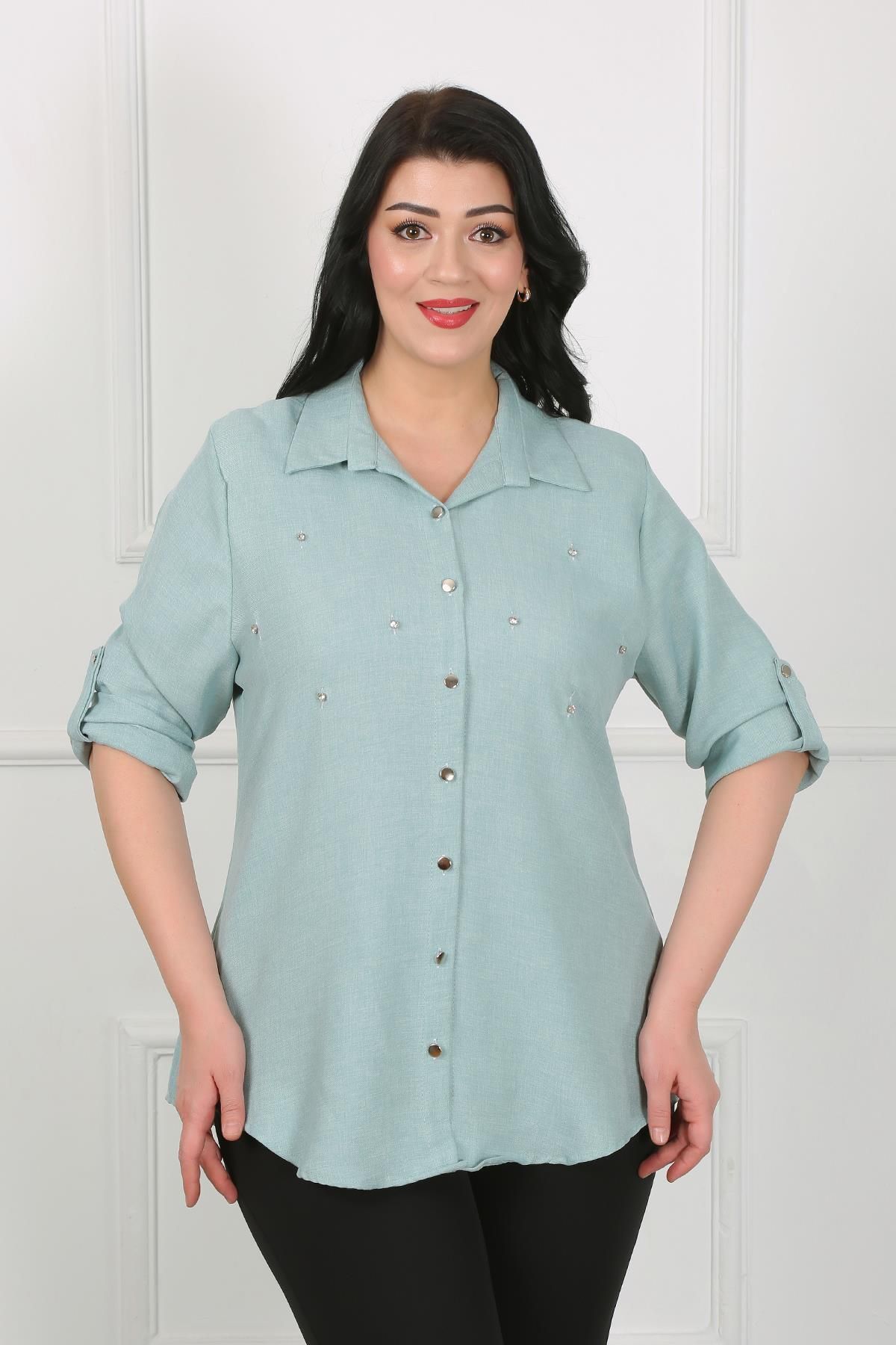 By Alba Collection Kadın Mint Yeşili Taşlı Soft Keten Büyük Beden Gömlek