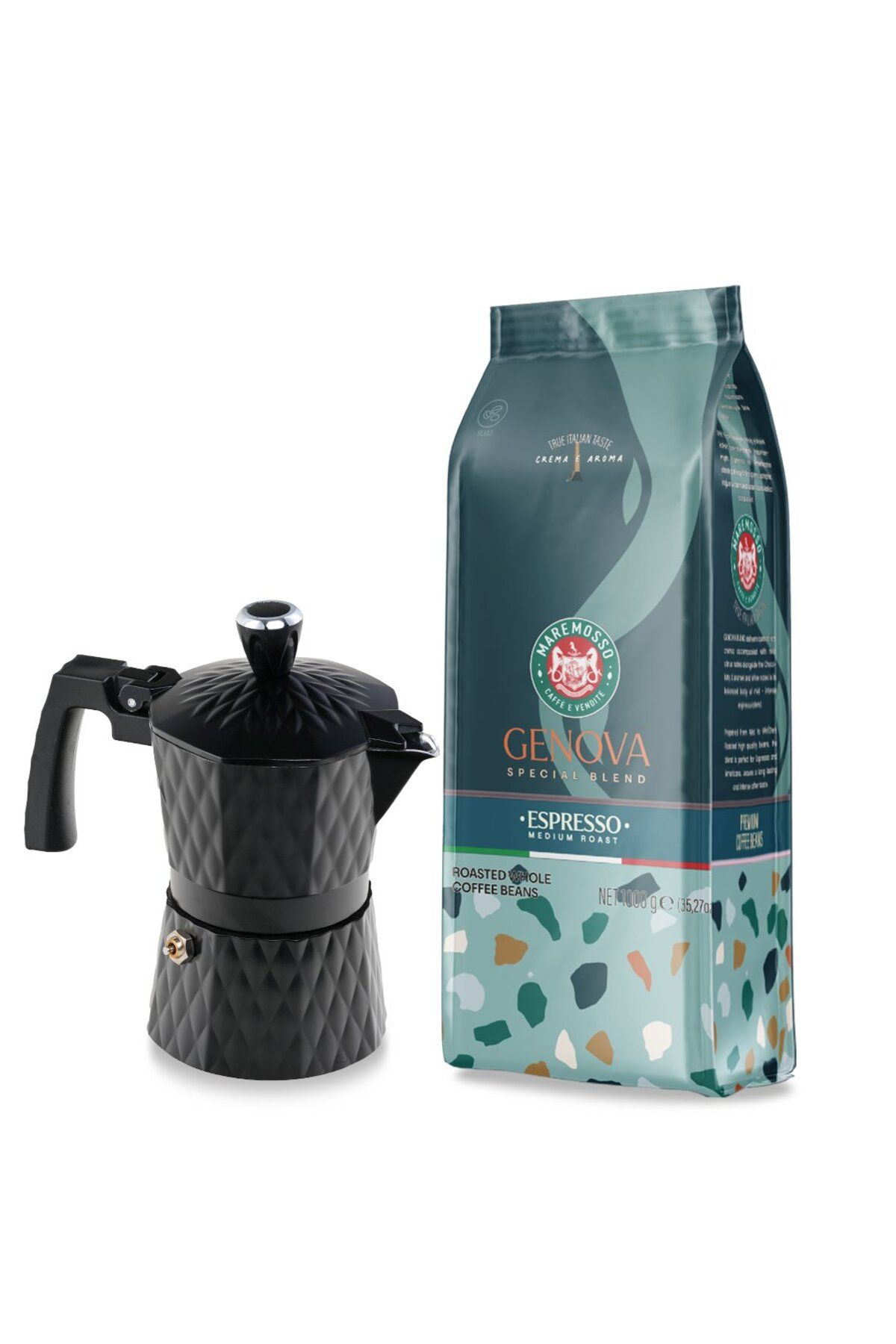 Mare Mosso Caffe ê Vendite Genova Espresso Kahve 1Kg. & Moka Pot 3 Cup. (Siyah) 1. Set