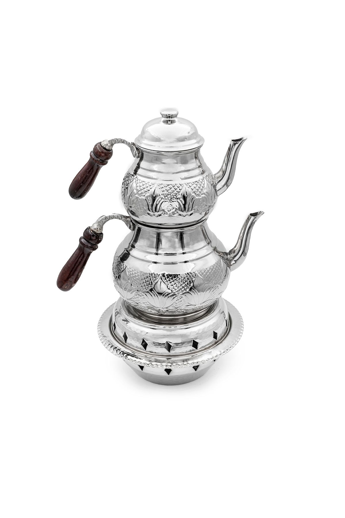 ANTEPSEPETİ Gümüş Kaplama Lale Motifli Isıtıcılı Bakır Çaydanlık