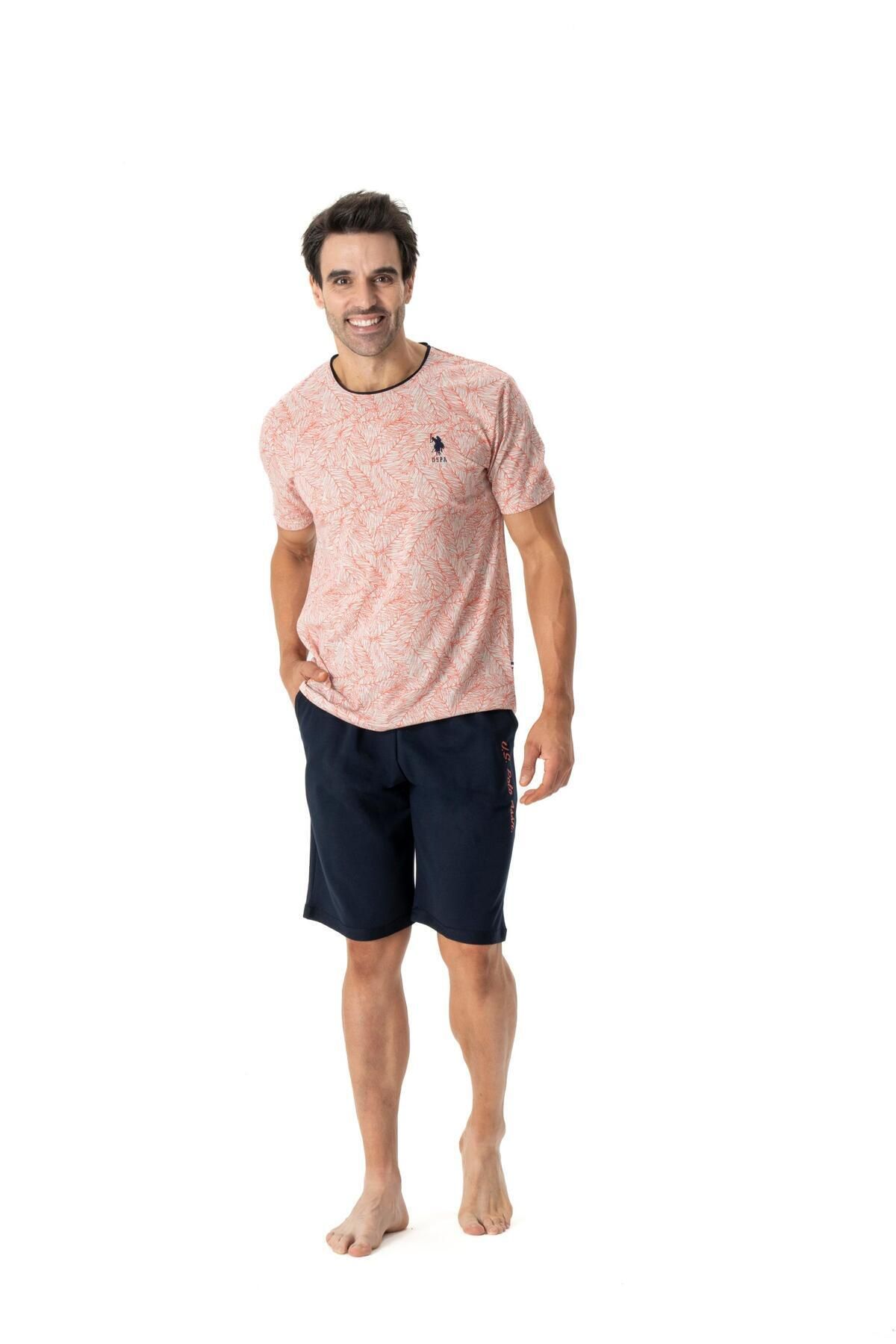 U.S. Polo Assn. U.S. Polo Assn. Erkek Desenli Mercan Rengi T-shirt&Lacivert Cepli Şort Yazlık Pijama Takımı