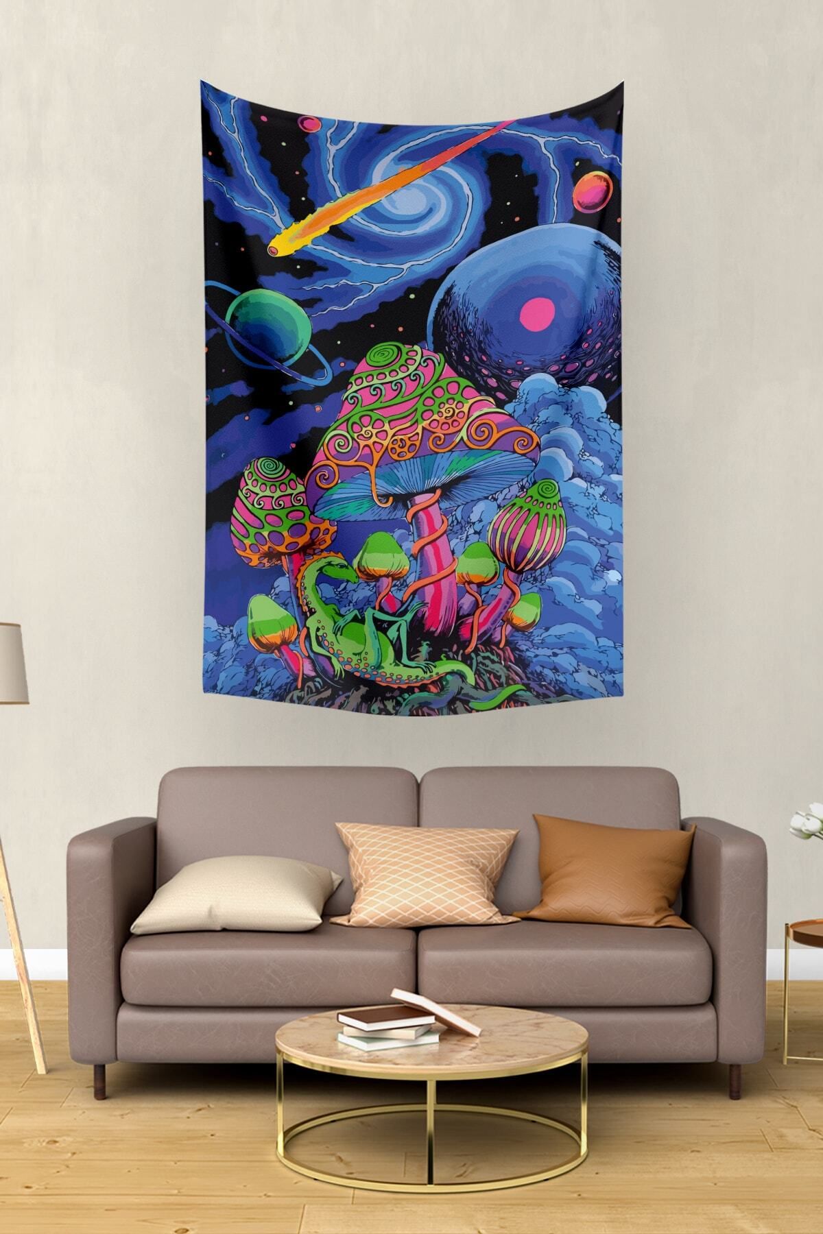 KanvasSepeti Kozmik Mantar Psychedelic Duvar Örtüsü Yağlı Boya Dokulu