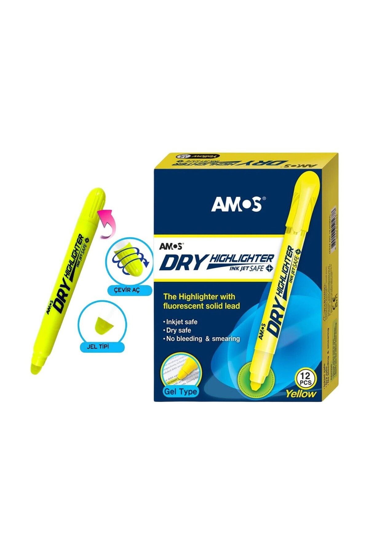 KRAF AMOS Dry Highlighter Neon Jel Fosforlu Kalem (Sarı) 12'li Paket
