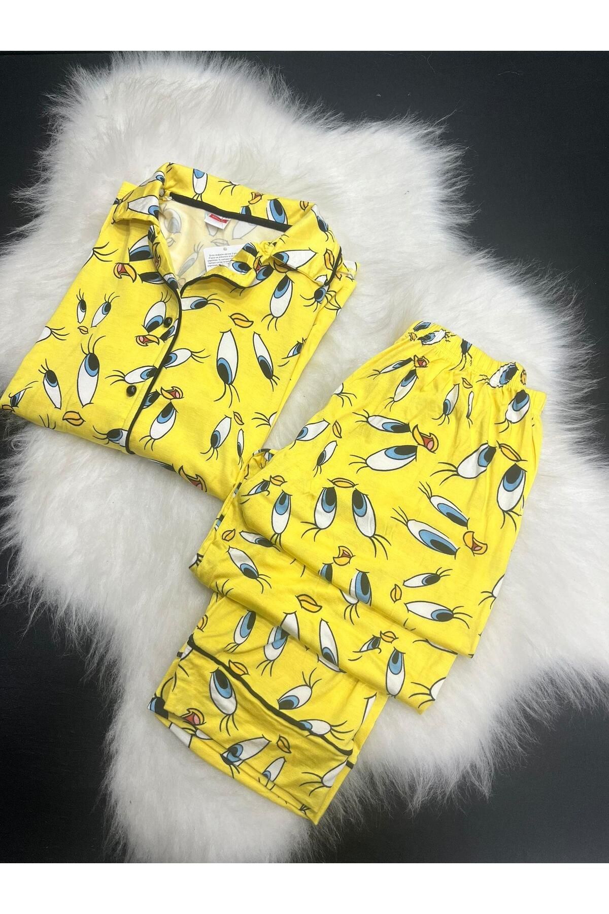 Muka Land Kadın Uzun Kol Viskon Tweety Pijama Takım 712-5 Sarı