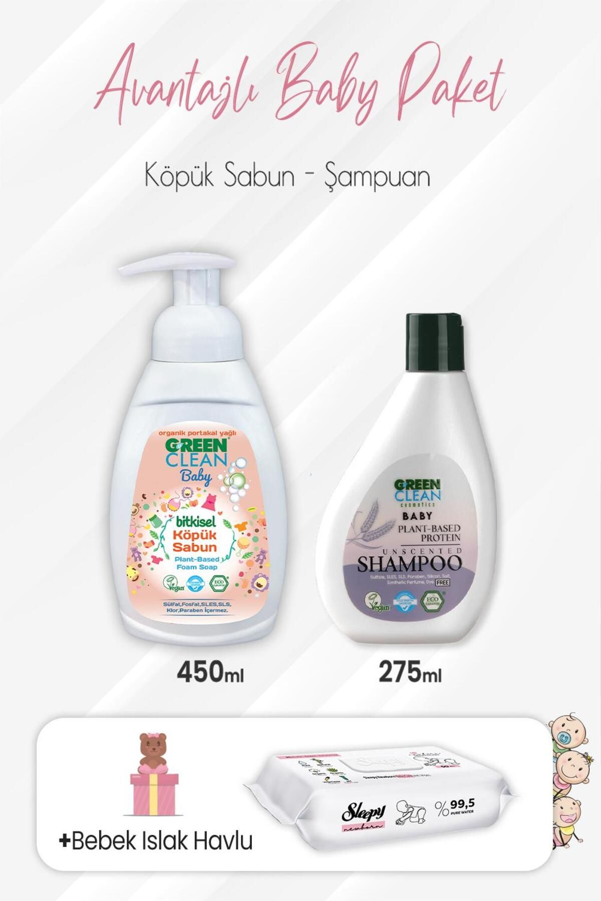 Green Clean Baby Köpük Sabun 450 ml Ve Şampuan 275 ml Ve Yenidoğan Devam 50'li
