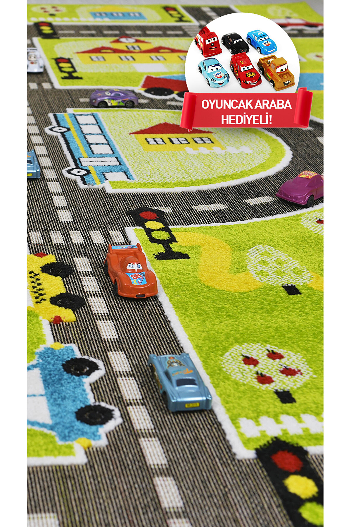 Konfor Halı Anaokulu Kreş Oyun Halısı 3 Boyutlu Dokuma Yeşil Trafik