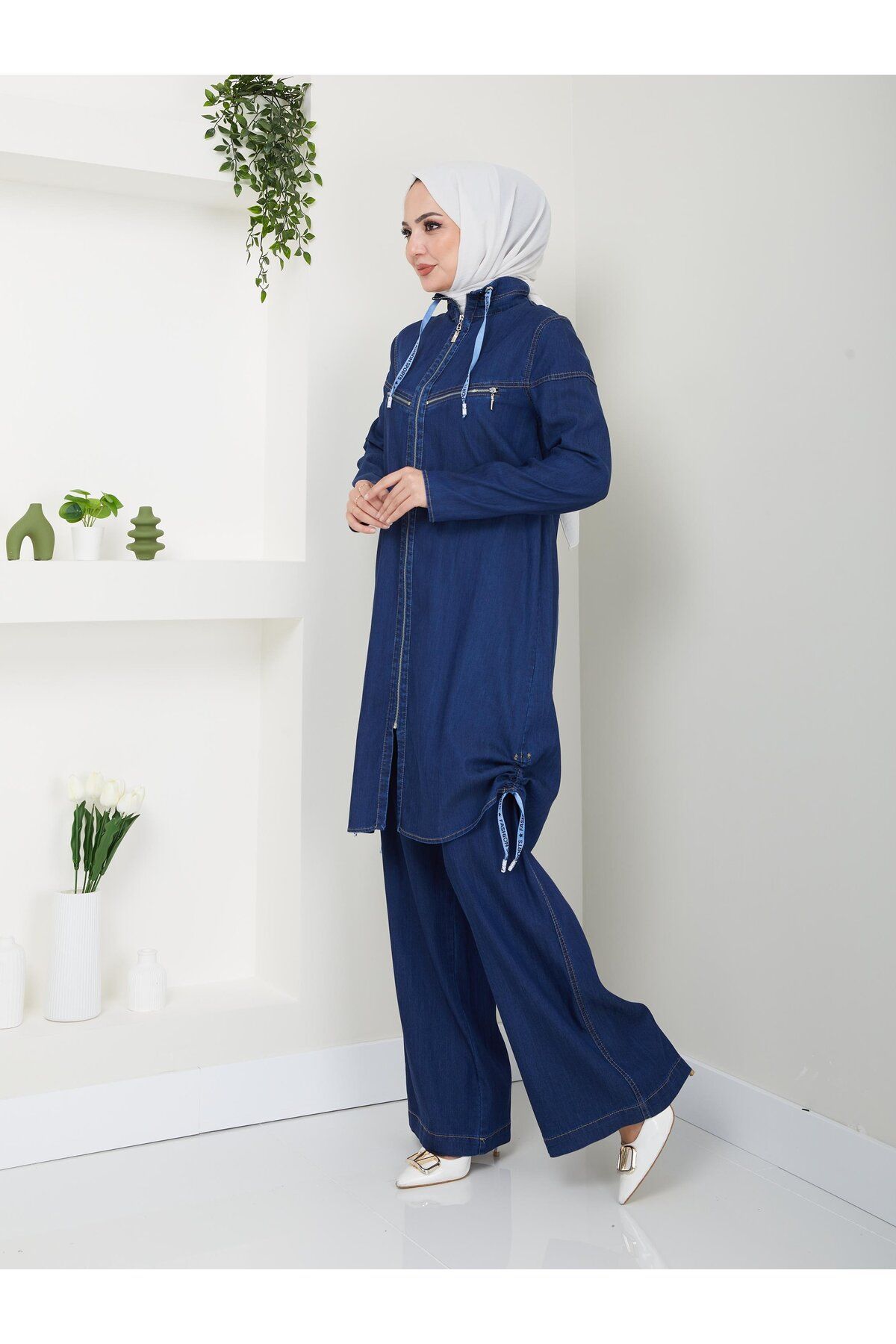 Doque Kot Takım Pantolon Tunik İkili Takım Kap Giyçık Yarım Kot Kadın 56015