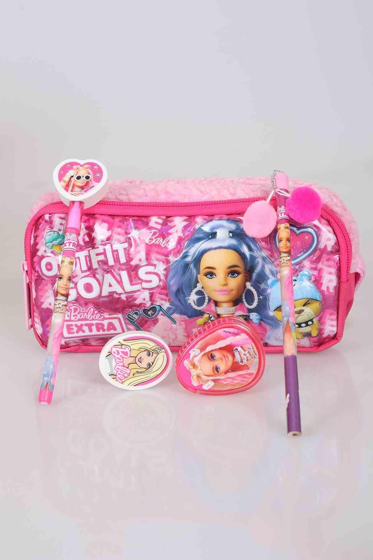 Barbie Lisanslı " Pınk Love " Seti Tüylü Kalemlik , Ponpon Kurşun Kalem,silgi Tepeli Geçmeli Kalem,s