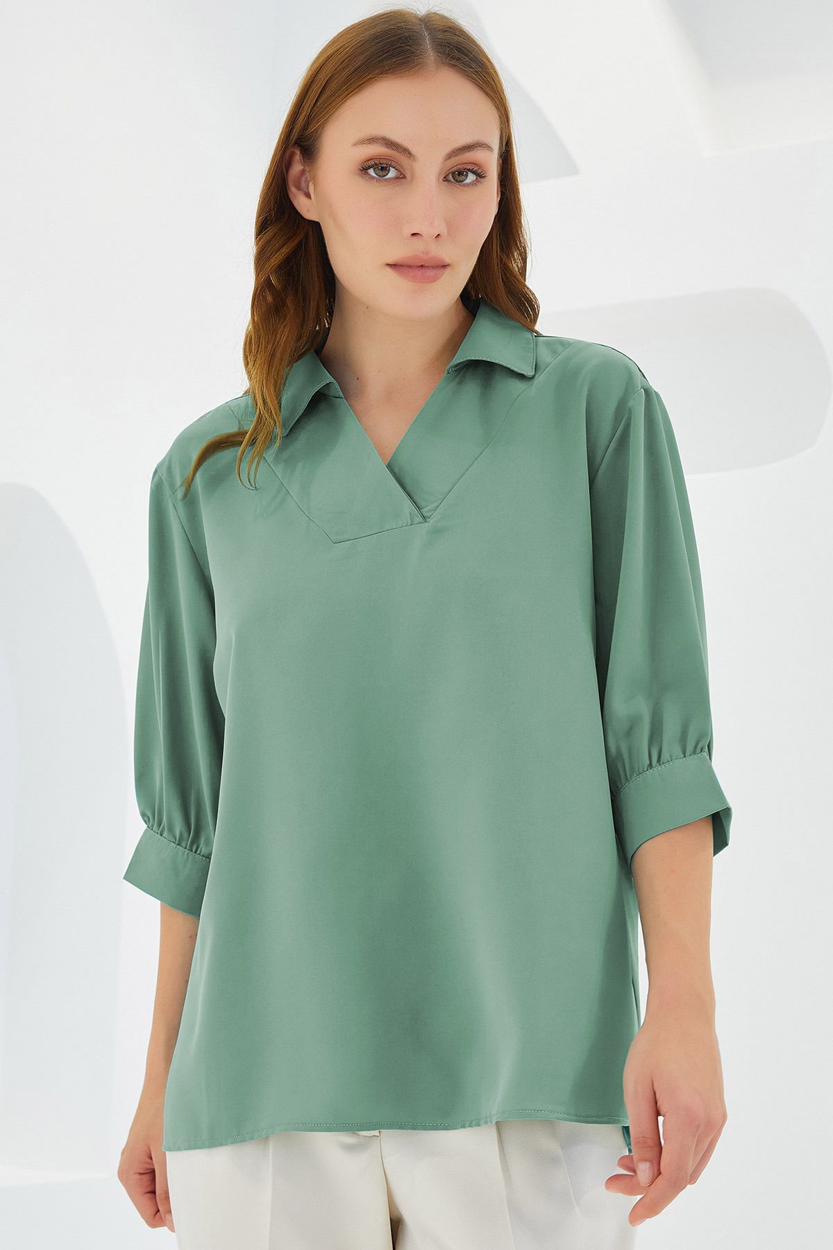 Bigdart Kadın Çağla Yeşili Gömlek Yaka Saten Bluz 0493