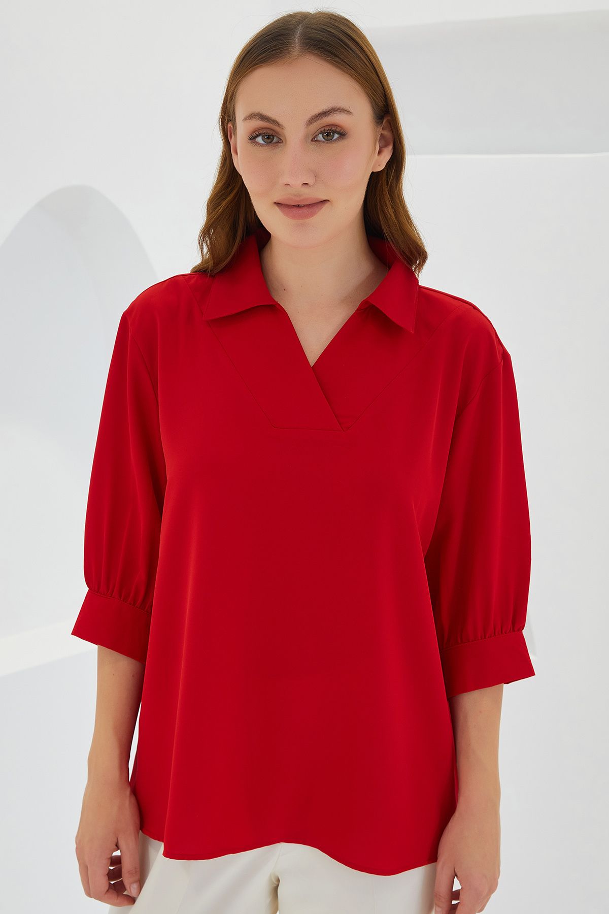 Bigdart Kadın Kırmızı Gömlek Yaka Saten Bluz 0493
