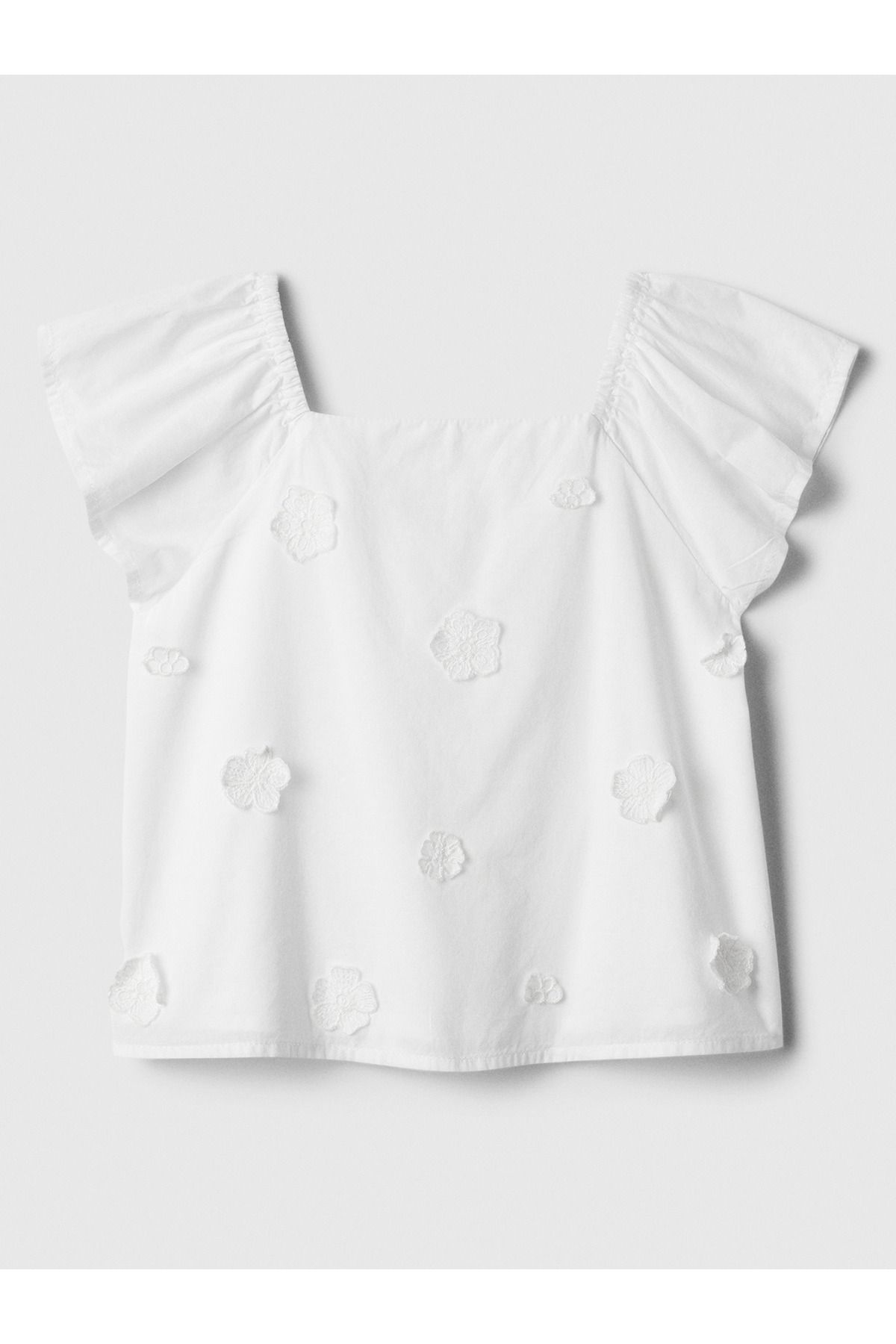 GAP Kız Bebek Beyaz Çiçek Aplikeli Fırfır Kollu Bluz