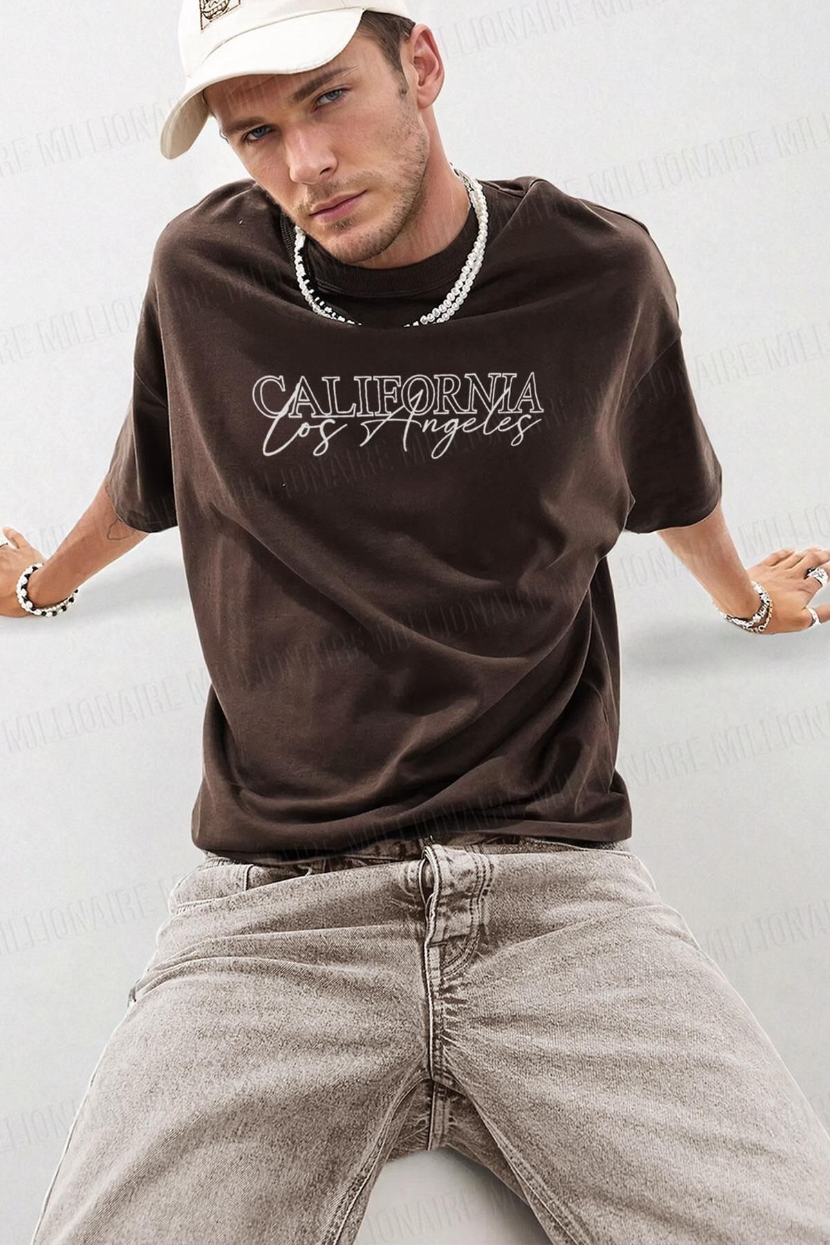 NİCE - Erkek California Los Angeles Kahverengi Bisiklet Yaka Oversize Salas T-Shirt