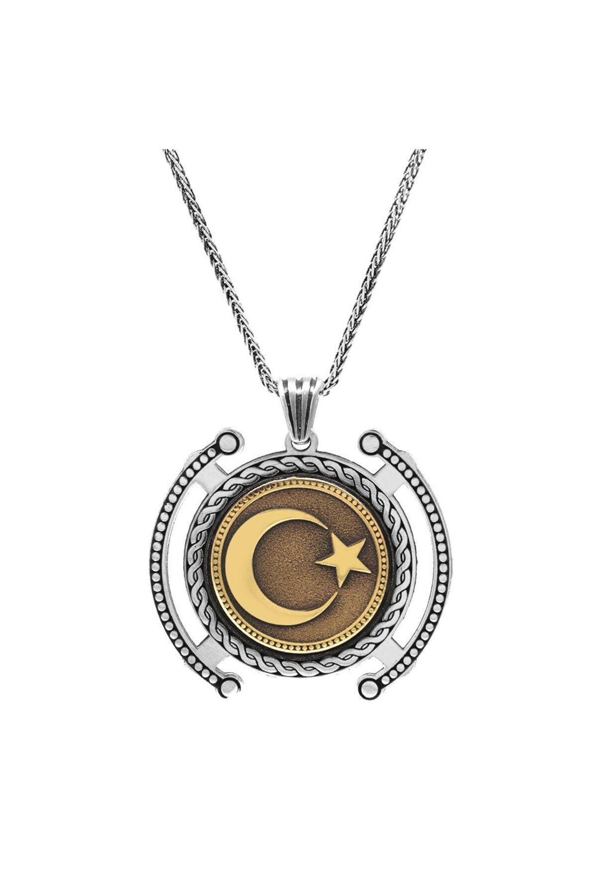 Tesbihane Ayyıldız Temalı Kalın Zincirli 925 Ayar Gümüş Madalyon