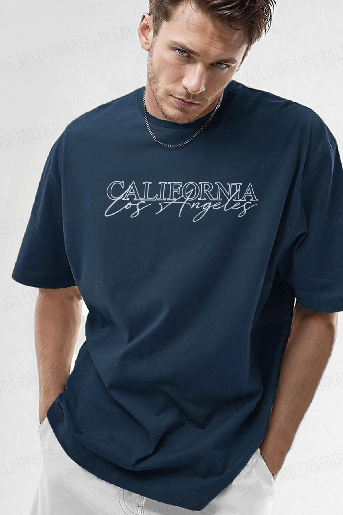 NİCE - Erkek California Los Angeles Lacivert Bisiklet Yaka Oversize Salas T-Shirt