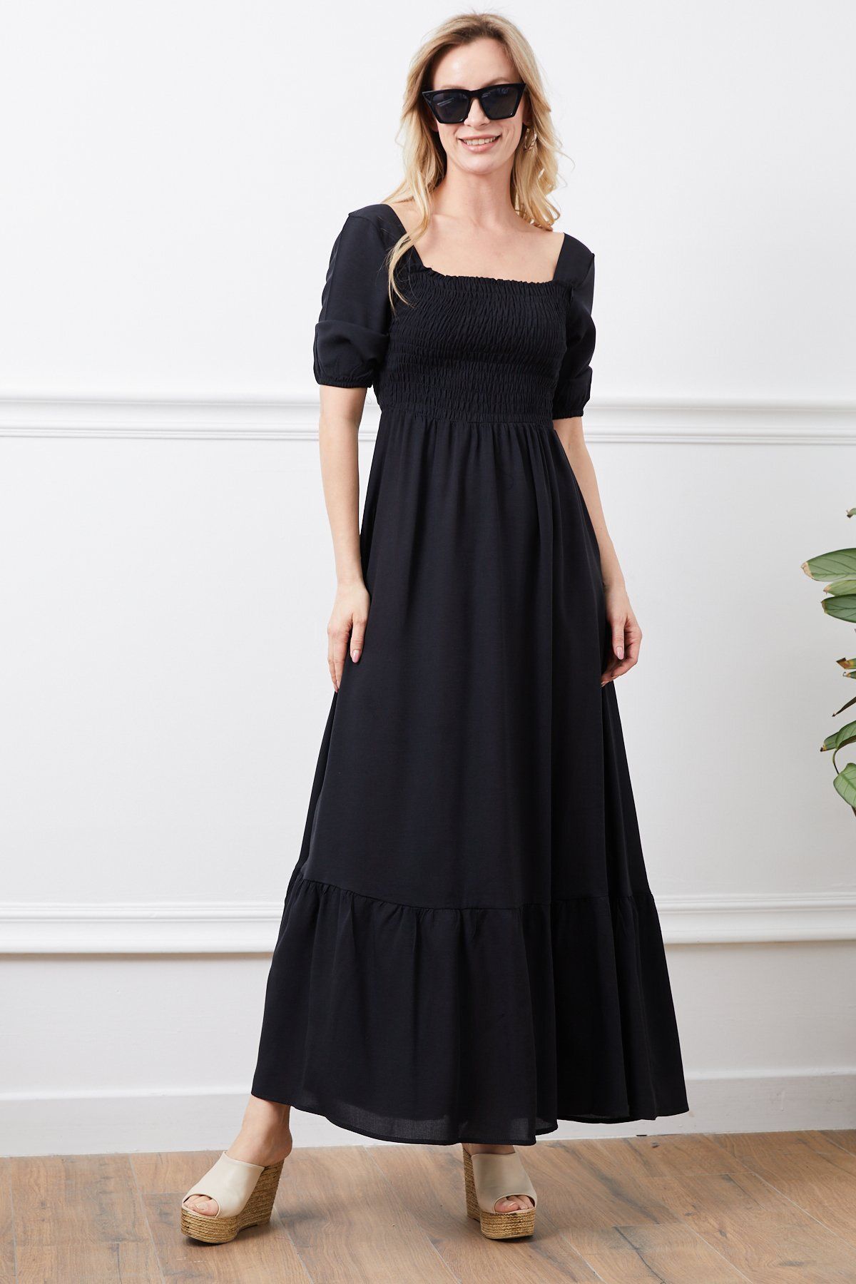 KaSheHa Siyah Kare Yaka Beli Gipeli Eteği Pileli Full Esnek Bodrum Elbise 115 Cm