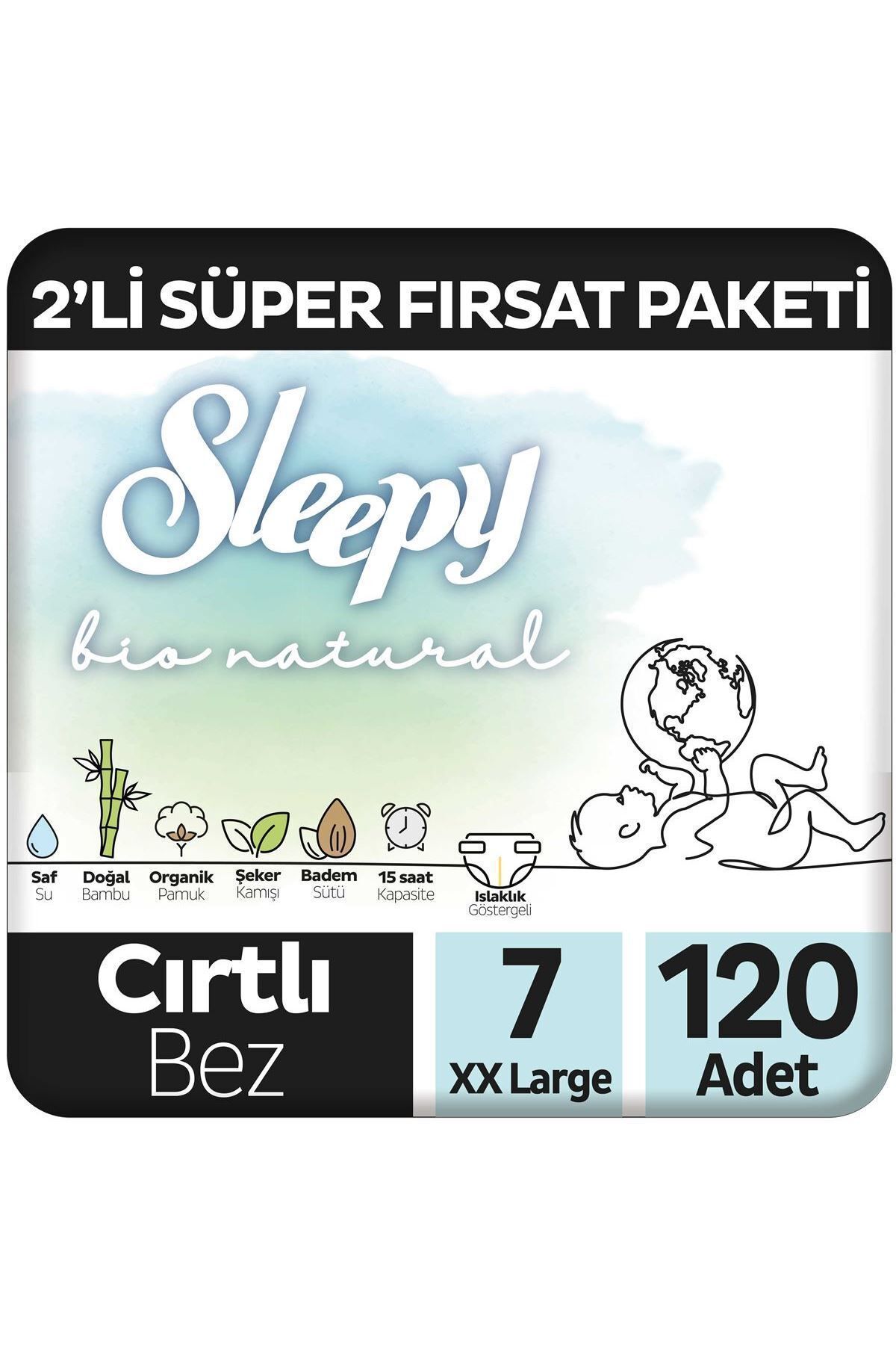 Sleepy Bio Natural 2'Li Süper Fırsat Paketi Bebek Bezi 7 Numara Xxlarge 120 Adet