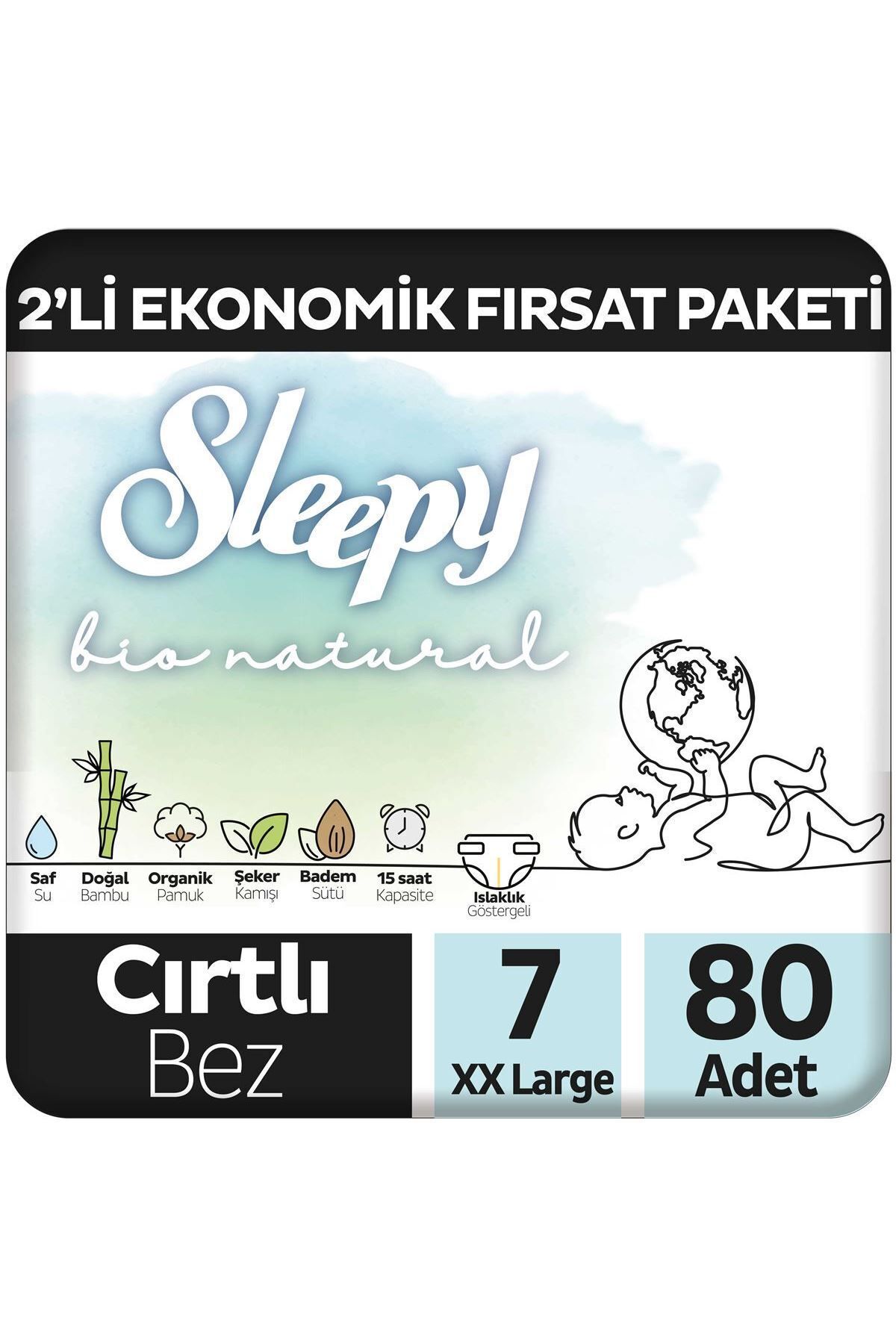 Sleepy Bio Natural 2'Li Ekonomik Fırsat Paketi Bebek Bezi 7 Numara Xxlarge 80 Adet