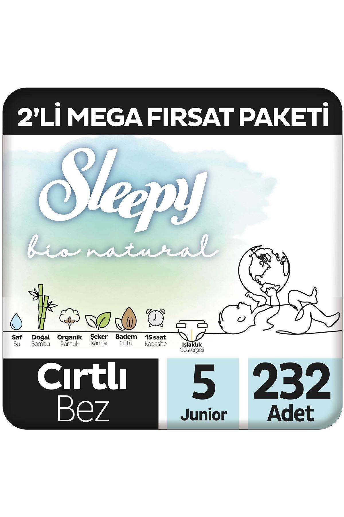 Sleepy Bio Natural 2'Li Mega Fırsat Paketi Bebek Bezi 5 Numara Junior 232 Adet