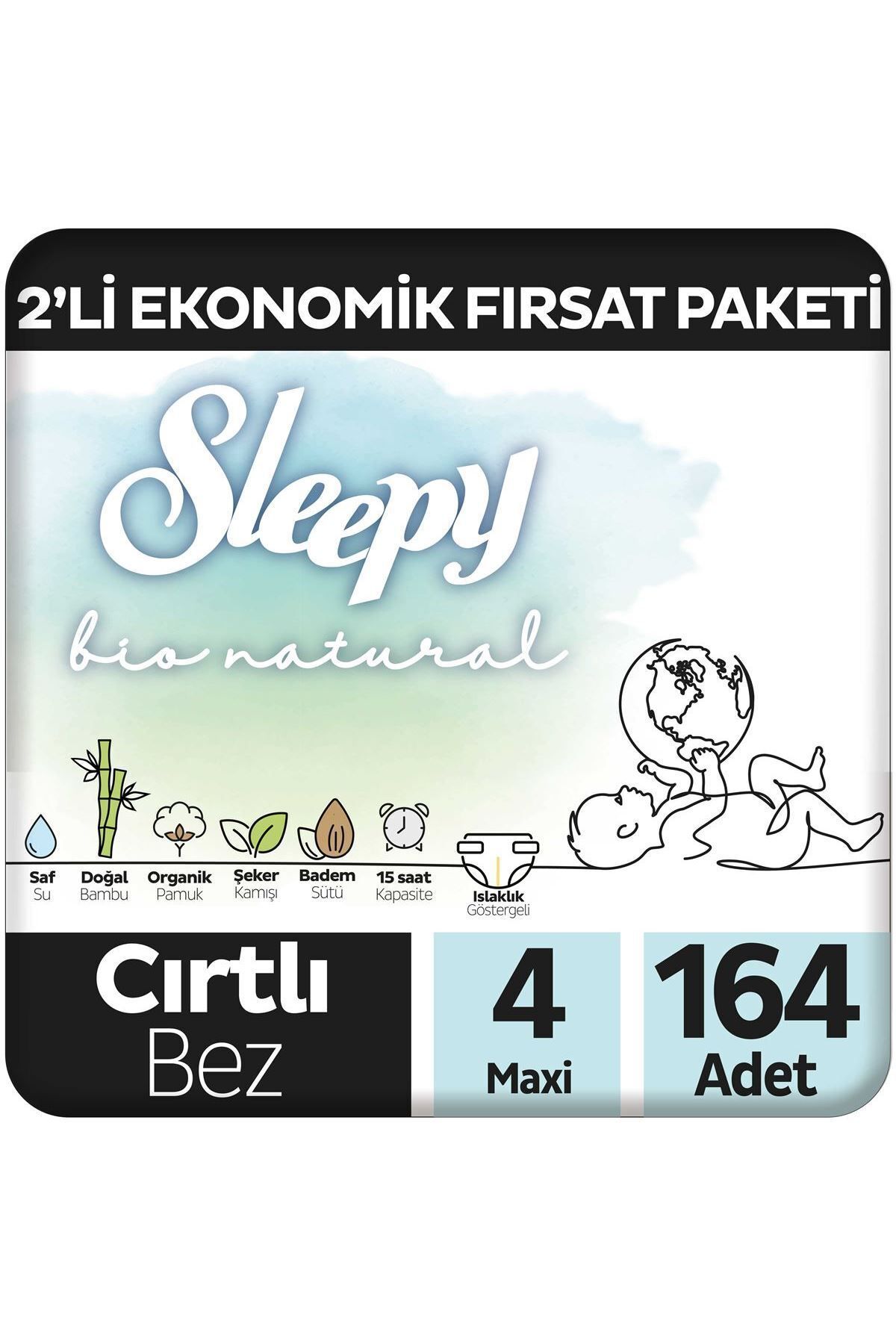 Sleepy Bio Natural 2'Li Ekonomik Fırsat Paketi Bebek Bezi 4 Numara Maxi 164 Adet