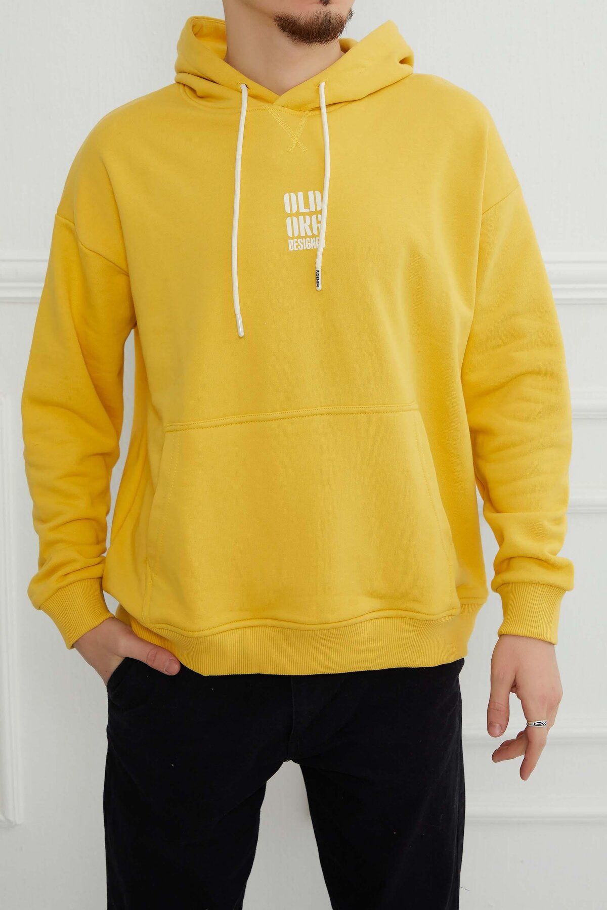 Five Pocket Hscstore Erkek Baskılı Kapüşonlu Kanguru Cepli Limon Rengi Sweatshirt - 6024