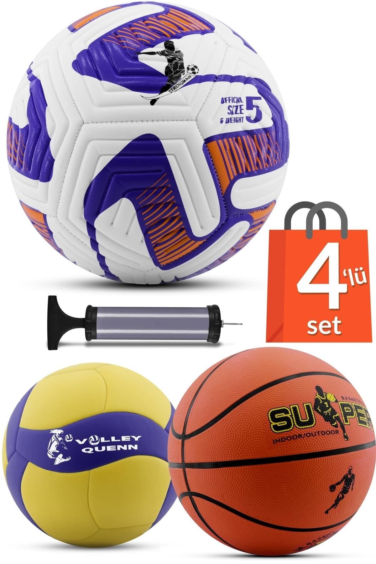 Telvesse 4'lü Set Basketbol Voleybol Sert Zemin Wind Futbol Topu Top Şişirme Pompası Seti Mor-035