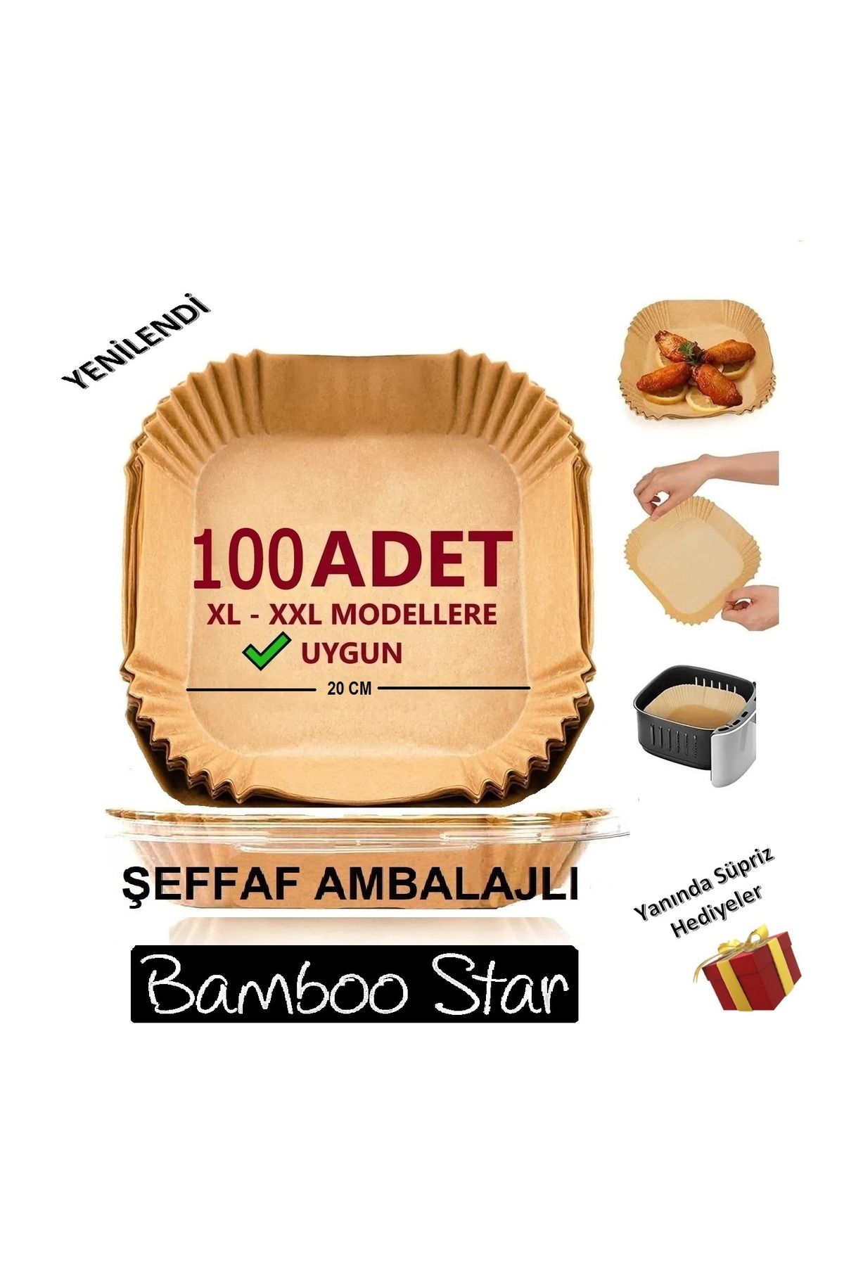 bamboo star Airfryer Pişirme Kağıdı Xl-xxl-büyük Boy,100 Adet Hava Fritöz Kağıdı, Fırın Kağıdı Tek Kullanım 20cm