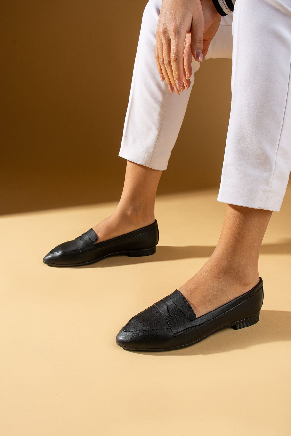Pembe Potin Kadın Babet Siyah Loafer Hafif Rahat Taban Şık Günlük Ayakkabı