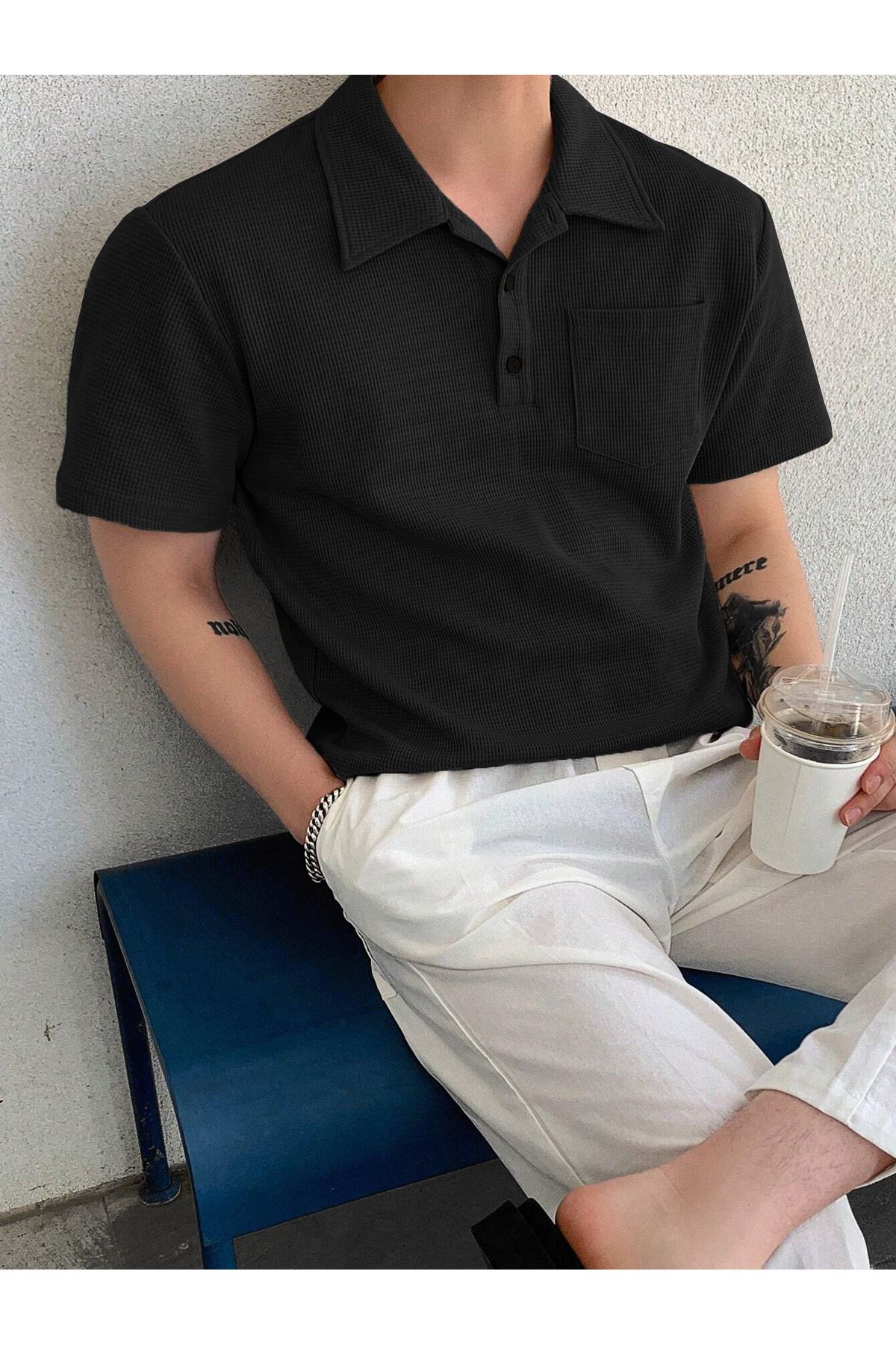 GENIUS STORE Erkek Oversize Polo Yaka  Waffle T-Shirt  POLOYAKA-DÜĞMELİ