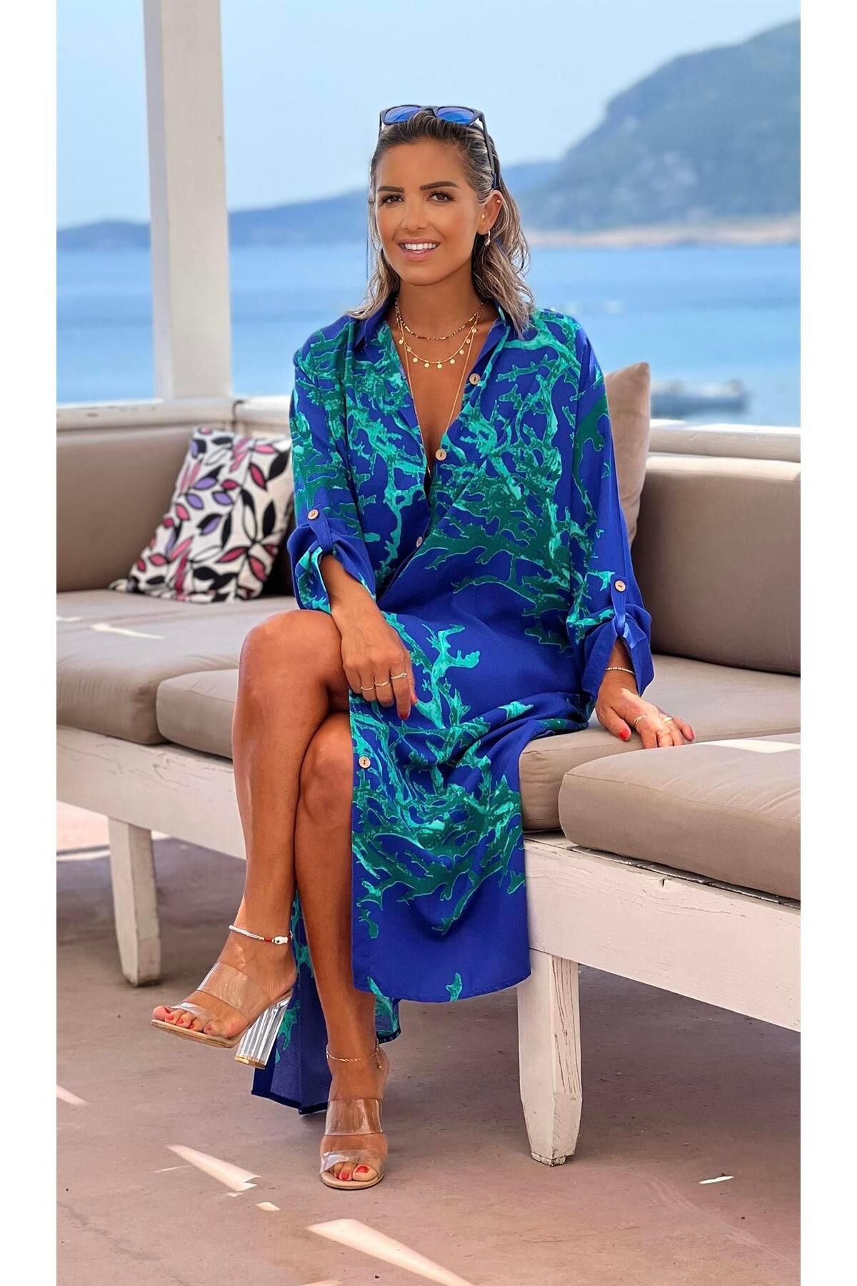 Nevin Kaya Moda Mavi Renk Resif Desenli Viskon Gömlek Elbise