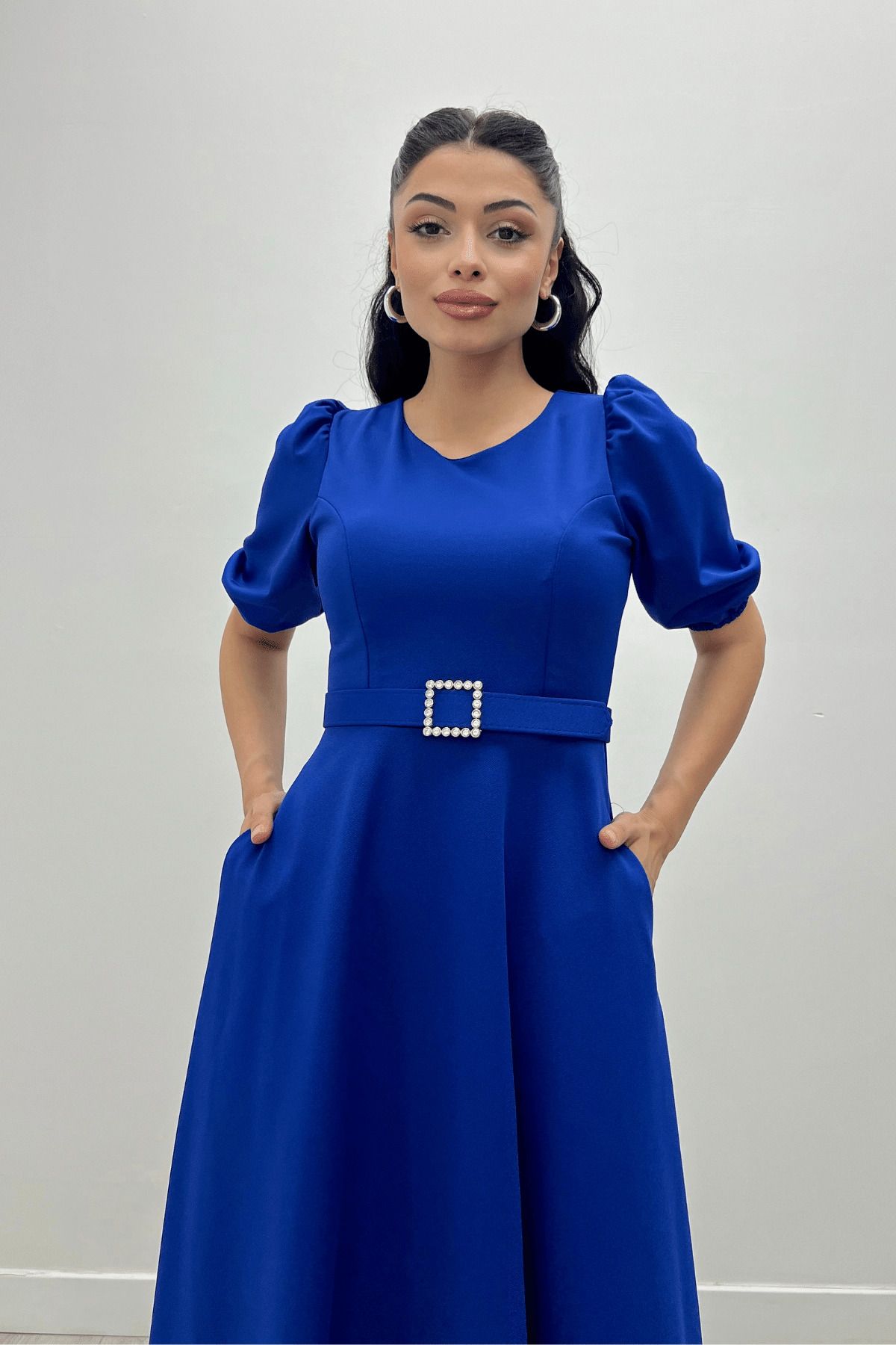 giyimmasalı Krep Kumaş Kemer Detaylı Elbise - Saks Mavi