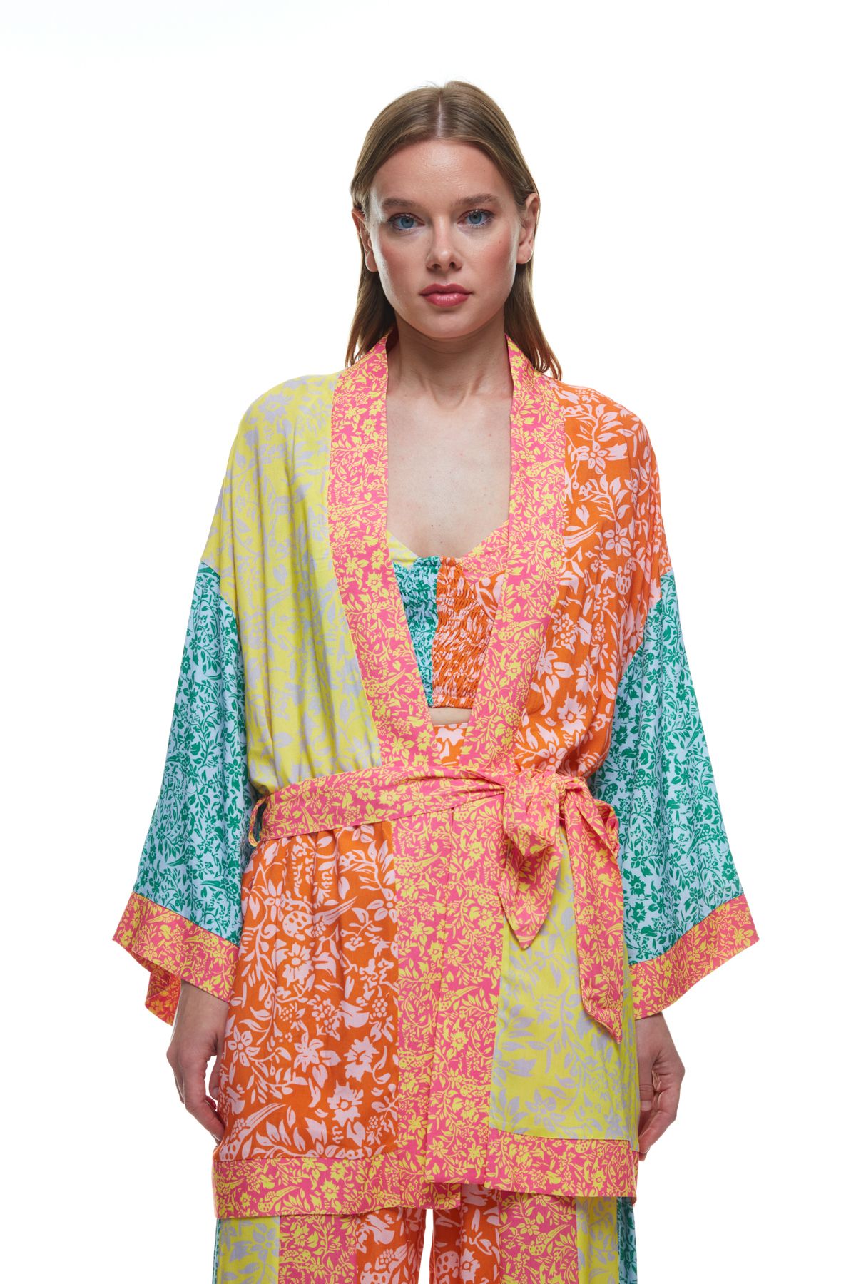Quzu Blok Renkli Kuşaklı Kimono Sarı