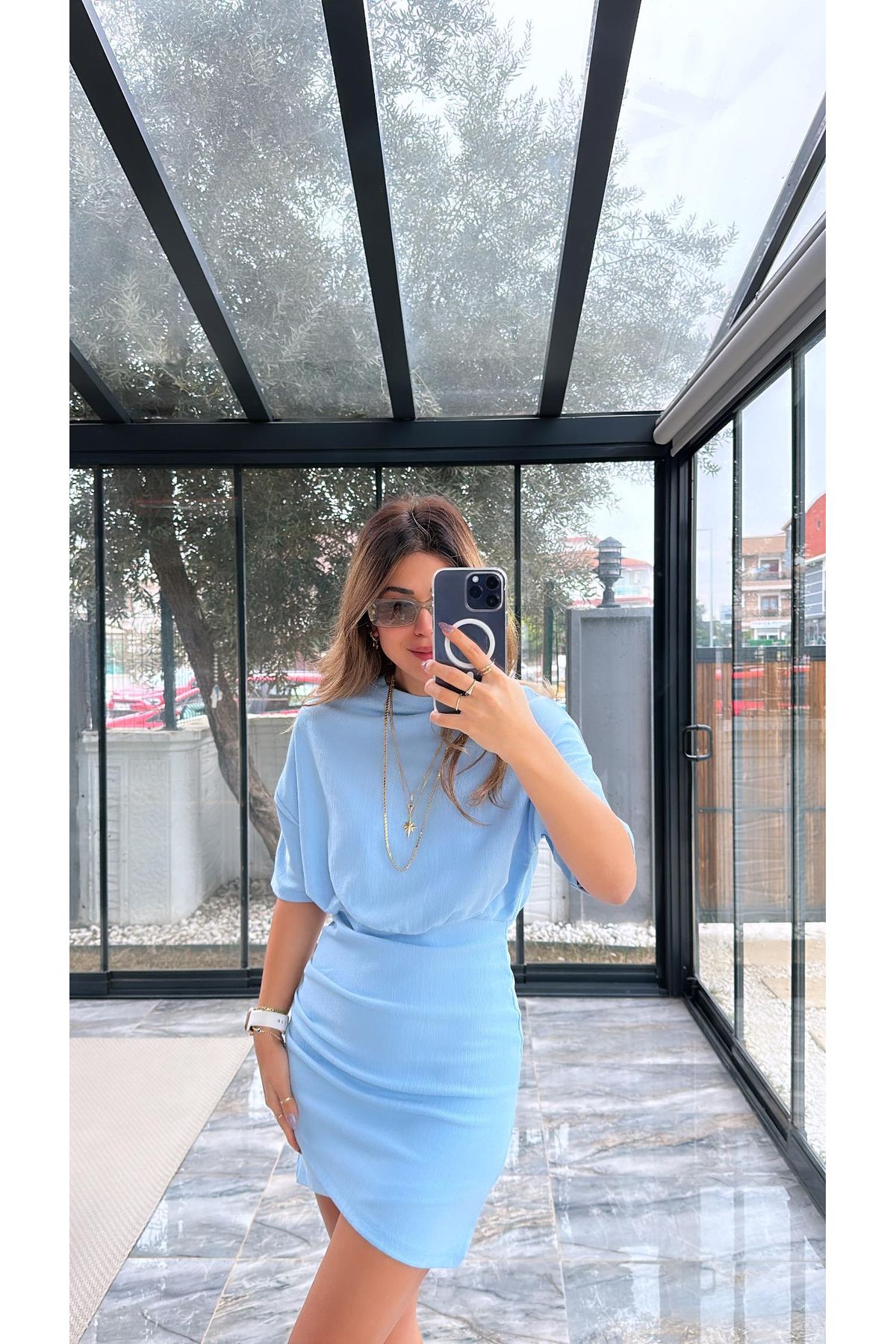 HARMONY GLOBAL Bebe Mavisi Drape Detaylı Kısa Kollu Beli lastikli Bürümcük Mini Elbise 5379