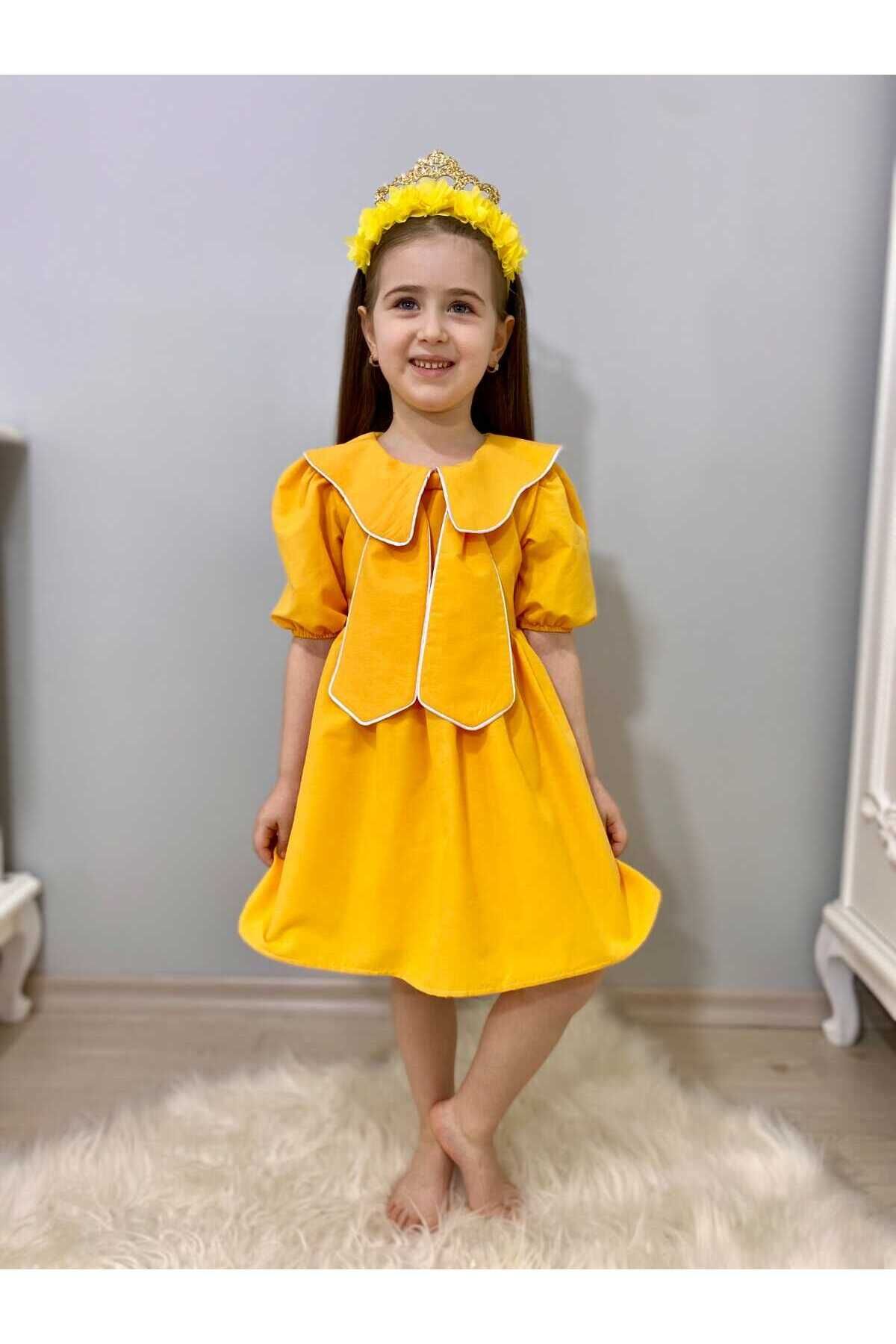 Little Honey Bunnies Sarı Bahriye Yaka Detaylı Fiyonk Kız Çocuk Elbise