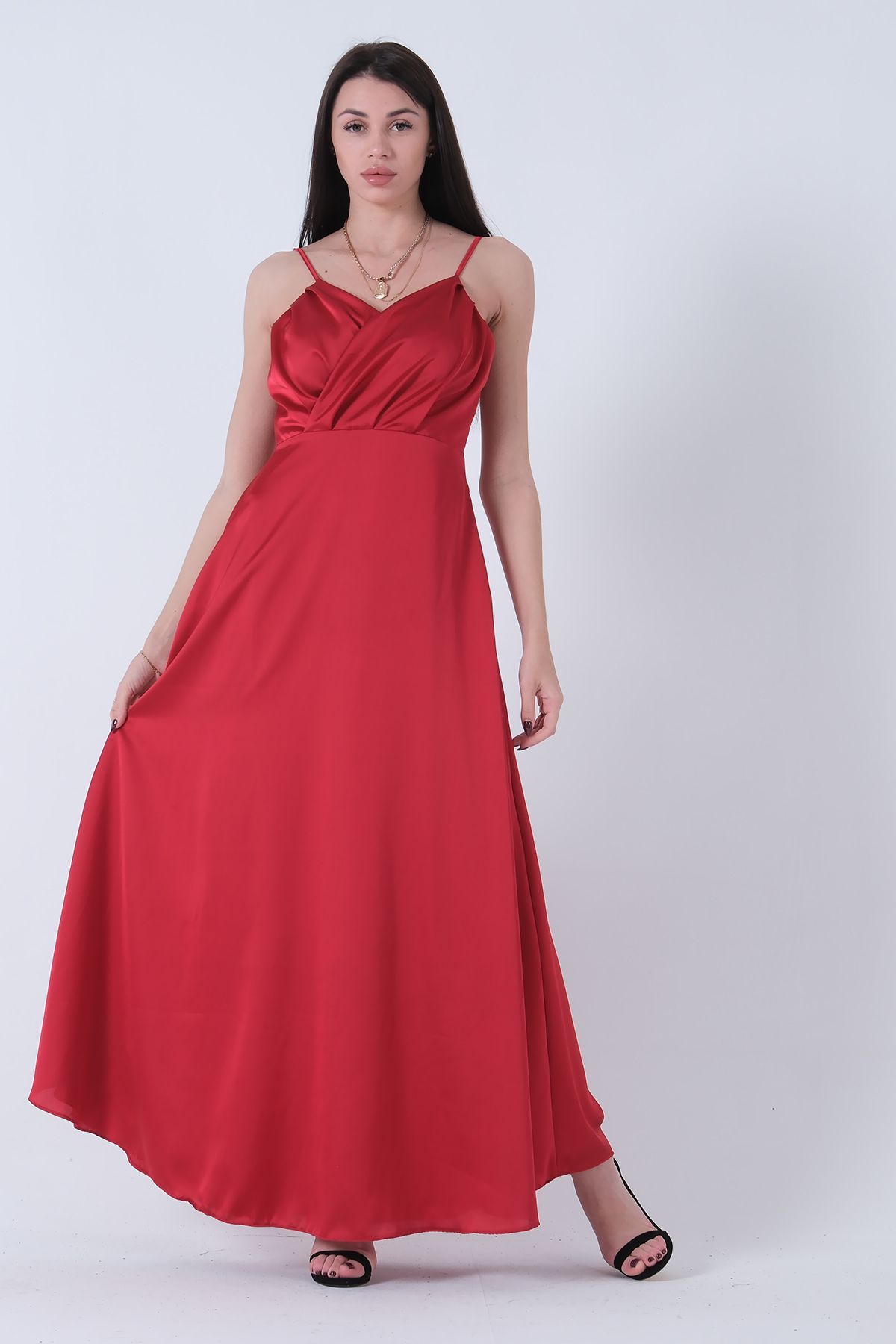 Feminist İp Askılı Saten Abiye Elbise Kırmızı 4201046