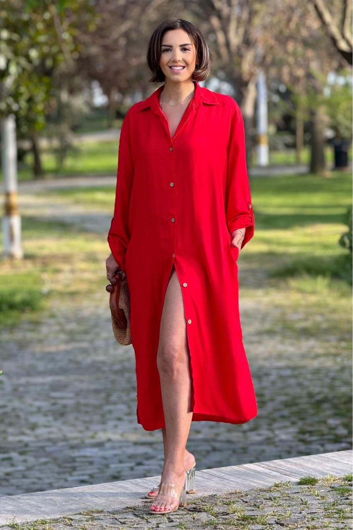 Nevin Kaya Moda Uzun Boy Kırmızı Renk Gömlek Elbise - %100 Pamuk Dokuma