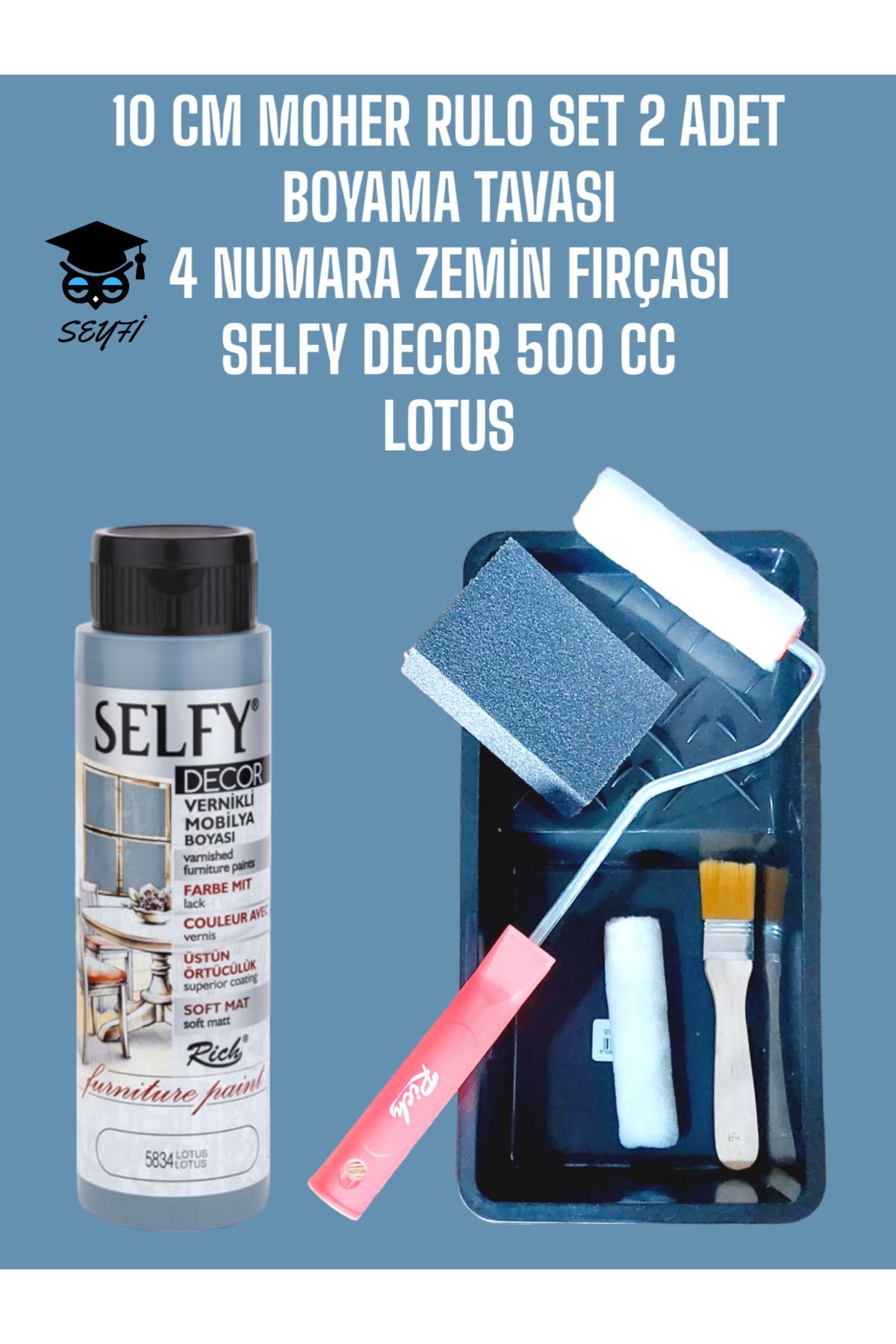 SEYFİKİRTASİYE Selfy Decor 500 Cc (750 Gr) Kendinden Vernikli Akrilik Dolap Boyama Seti + rulo tava fırça zımpara