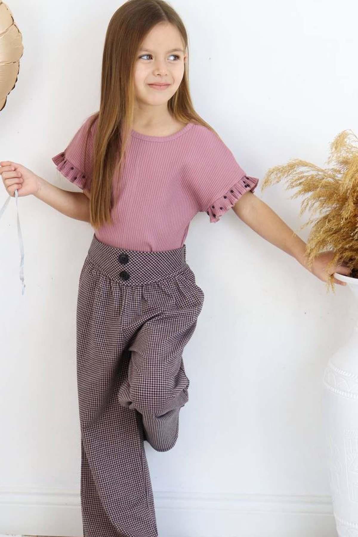 Riccotarz Kız Çocuk Kareli Bol Paça Pantolon ve İnci Boncuklu Pembe Alt Üst Takım