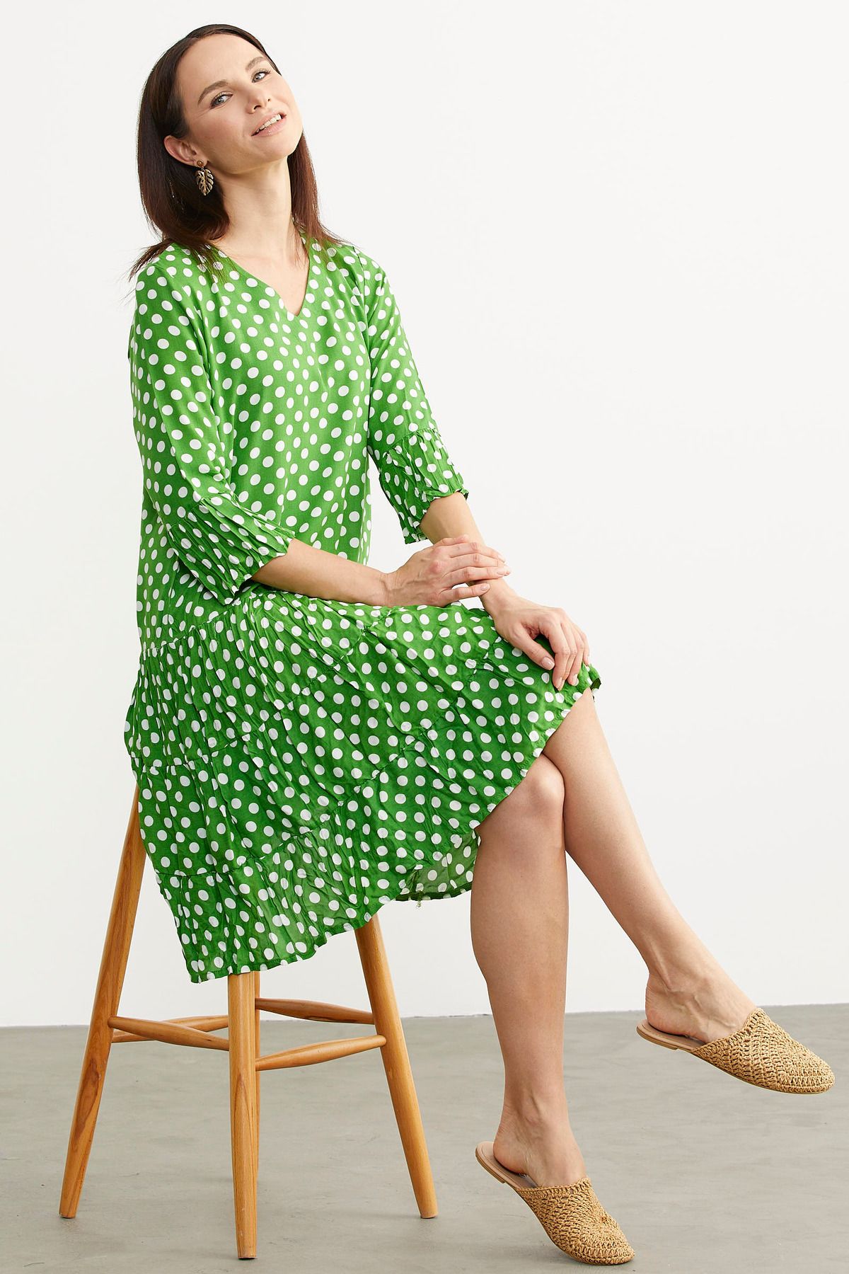 Sementa Puantiye Desenli Rahat Kalıp Dökümlü Elbise - Yeşil