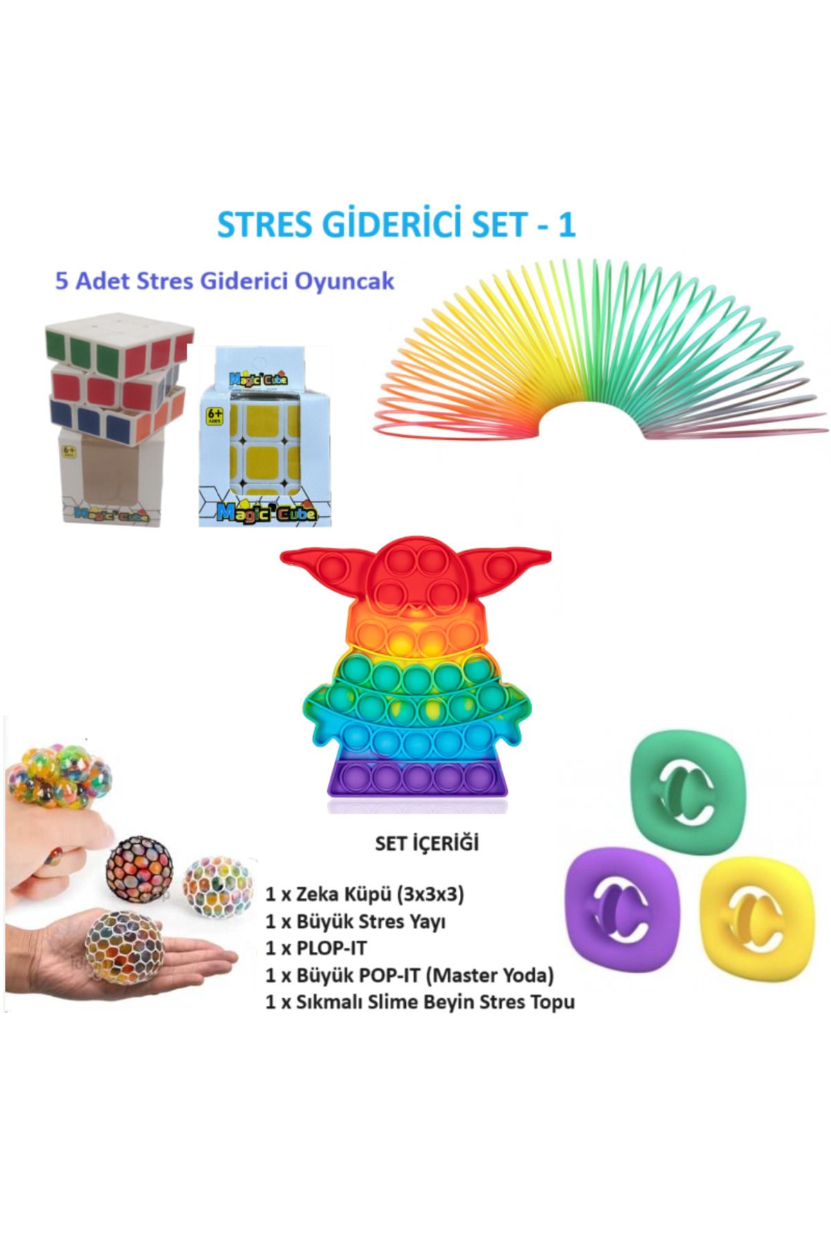 ZETCONCEPT Stres Giderici Set-1-  1 Popit, 1 Plop-it, 1 Zeka Küpü, 1 Stres Yayı, 1 Slime Beyin Topu