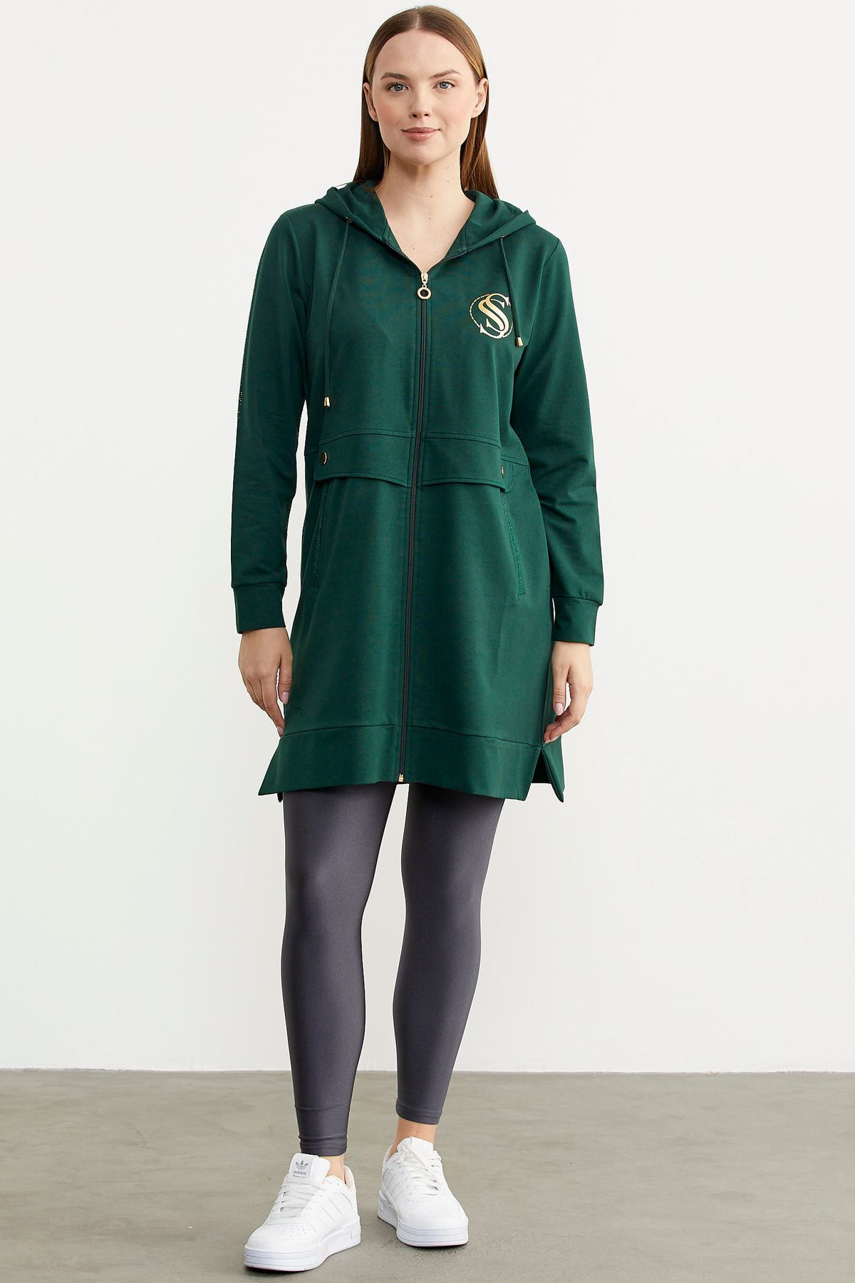 Sementa Taş Detaylı Kapüşonlu Tunik Sweatshirt - Yeşil