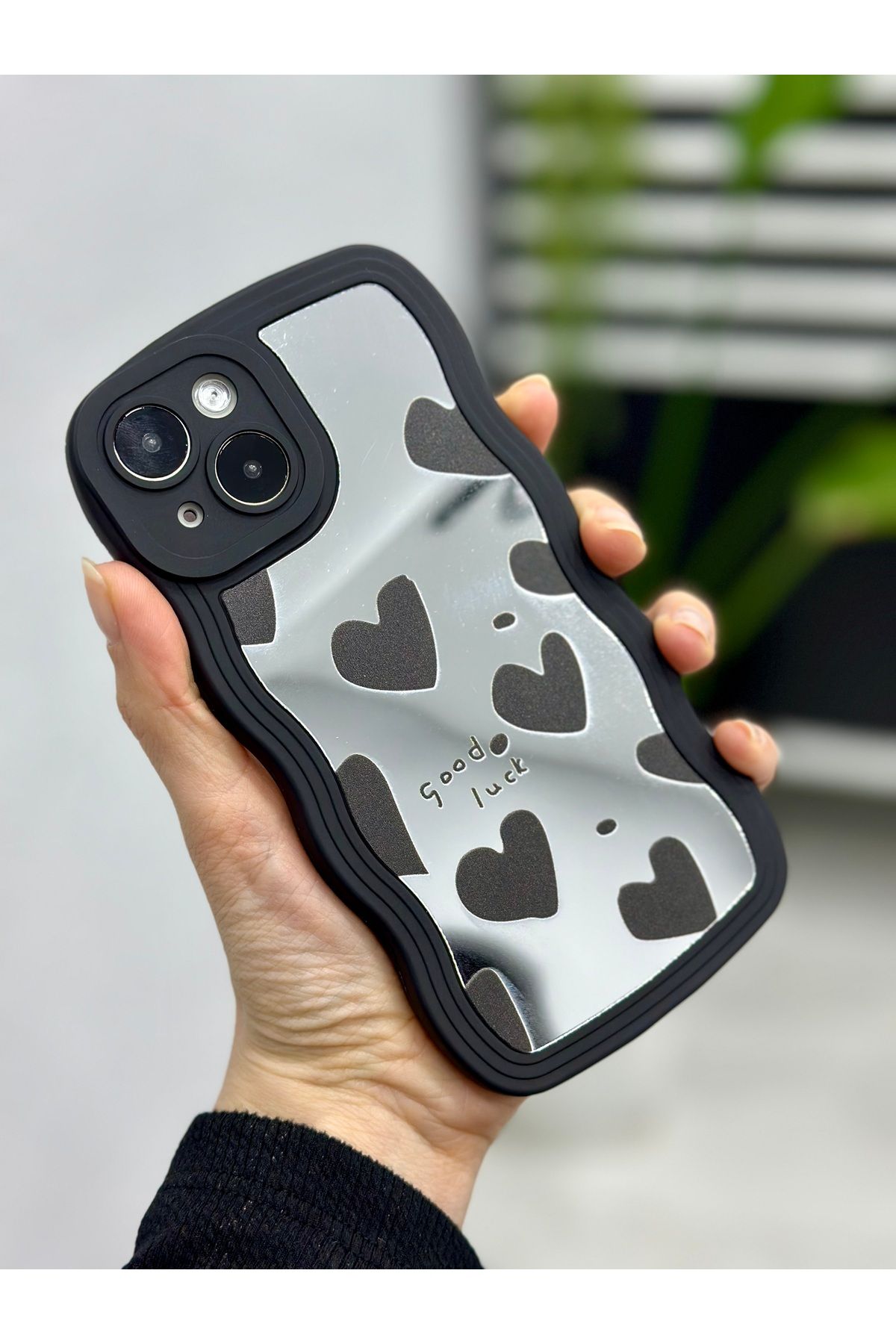 Go Aksesuar Iphone 13 - 14 Uyumlu Aynalı Siyah Kalp Model Silikon Kılıf
