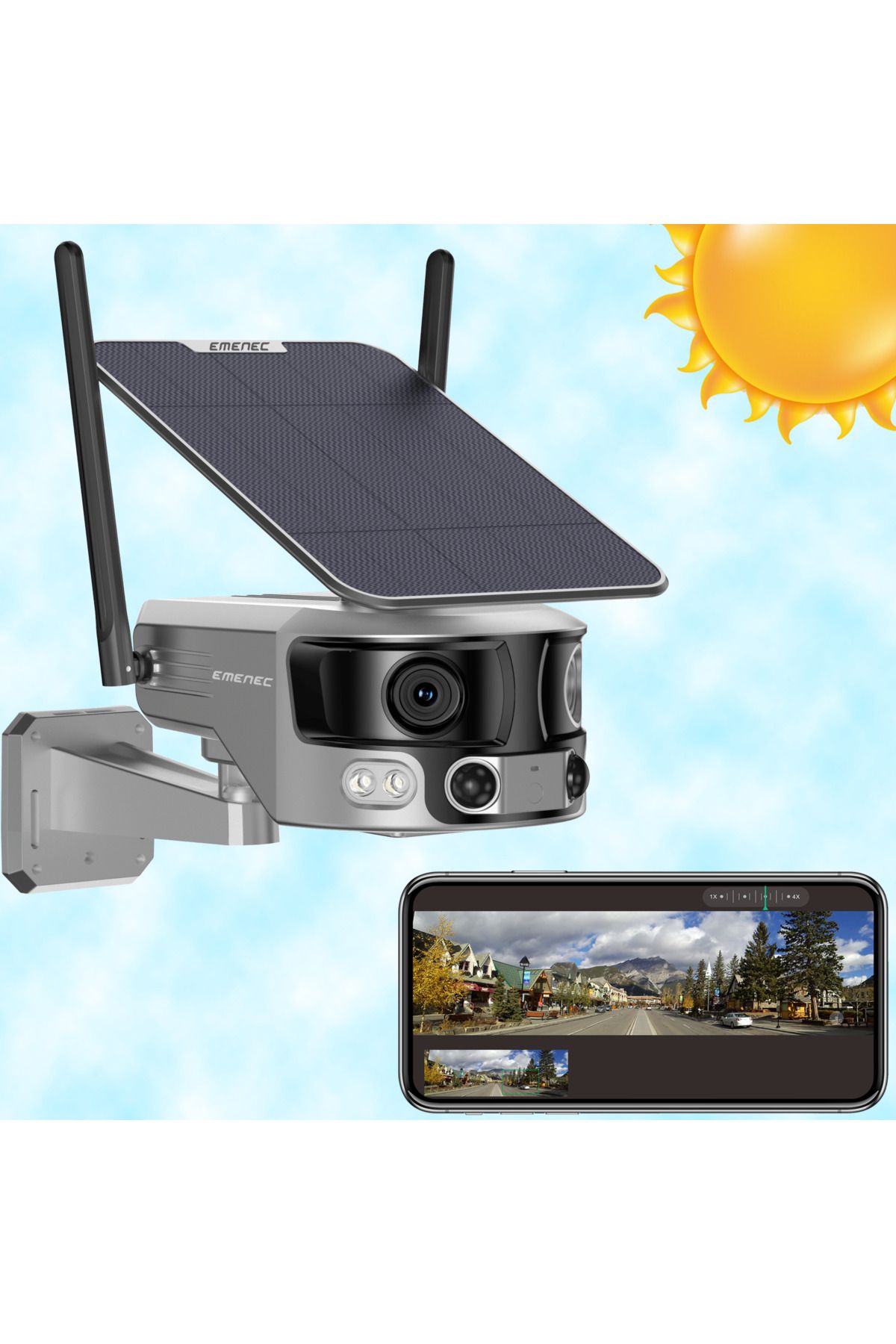 EMENEC Esk-180 Güneş Enerjili 4k 180° Çift-lensli Panoramik Wi-fi Güvenlik Kamerası | Solar Kamera