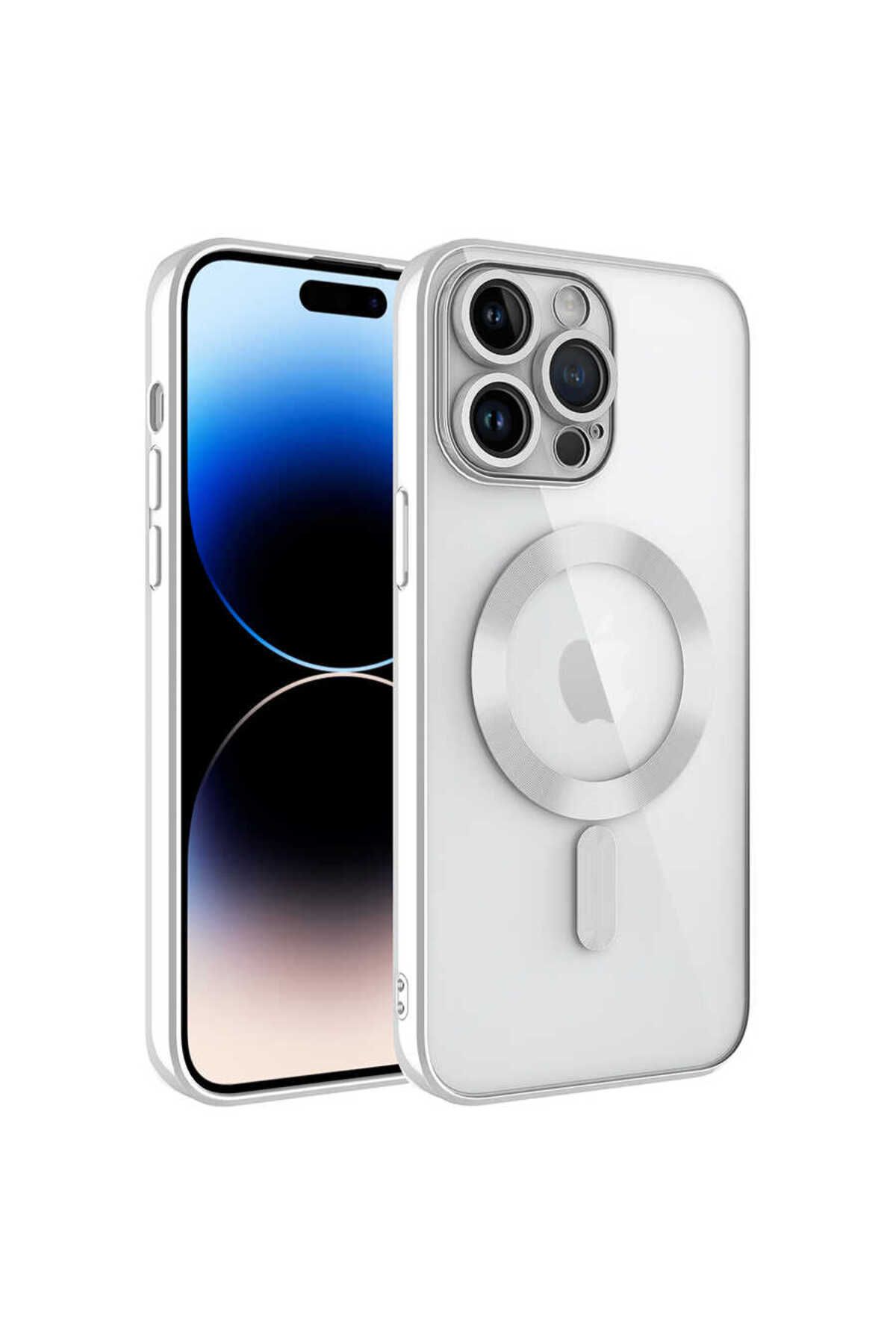 Bilişim Aksesuar iPhone 14 Pro Uyumlu Kamera Korumalı Magsafe Wireless Şarj Özellikli Zore Demre Kılıf-Gümüş