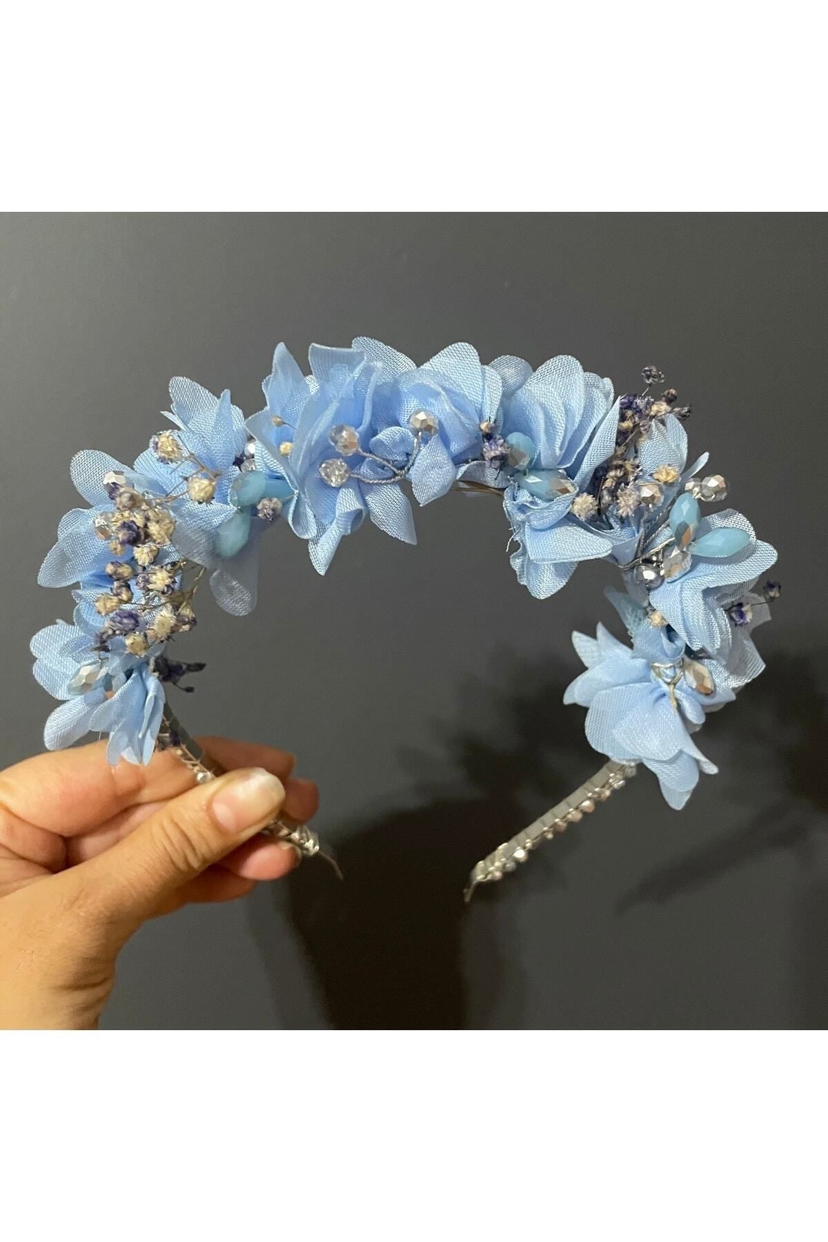 DesaAccessories Çiçek Detay Mavi Kristal Taş Işlemeli Lohusa, Nişan, Kır Düğünü Tacı