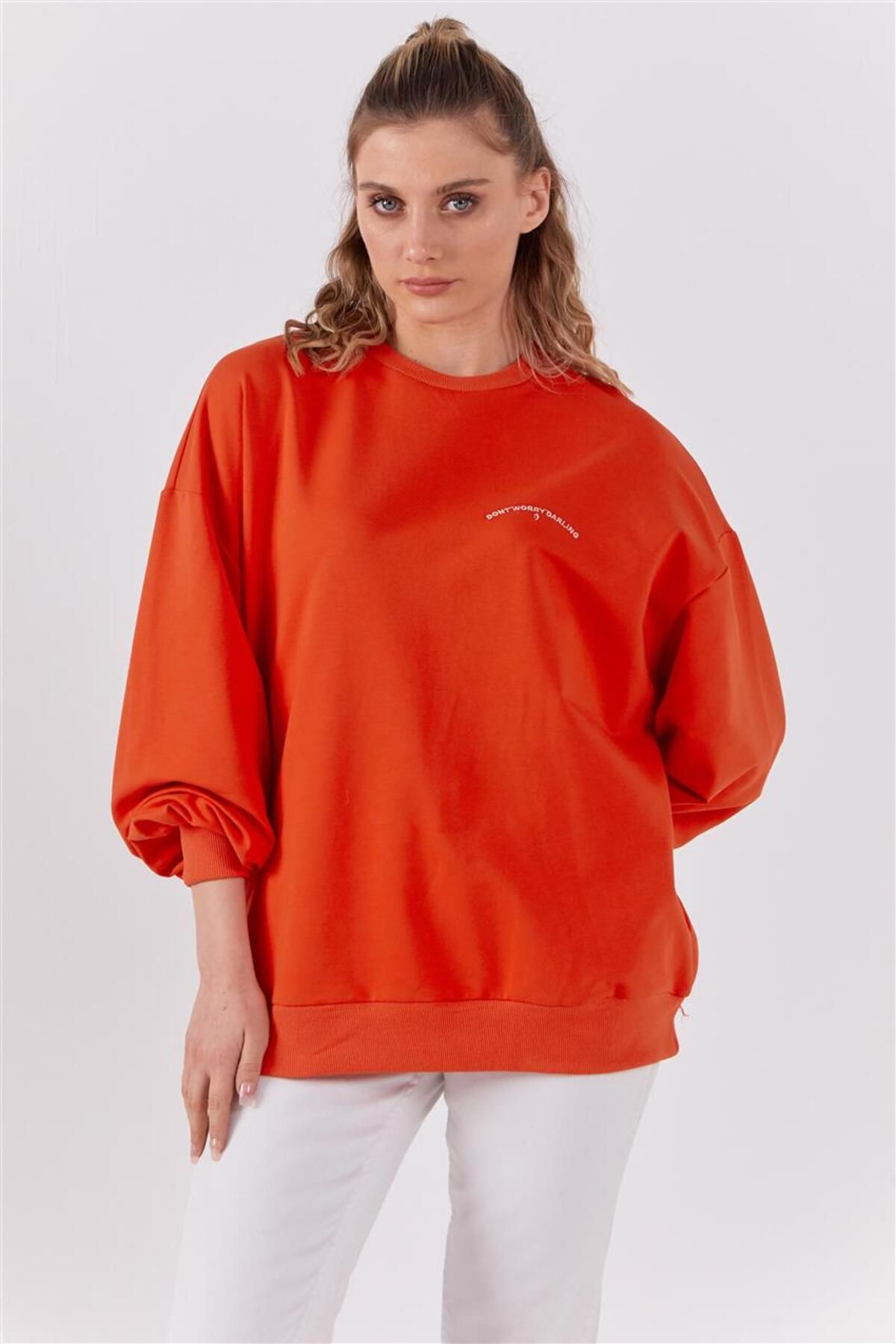 Loreen Mini Yazı Nakışlı Turuncu Sweatshirt