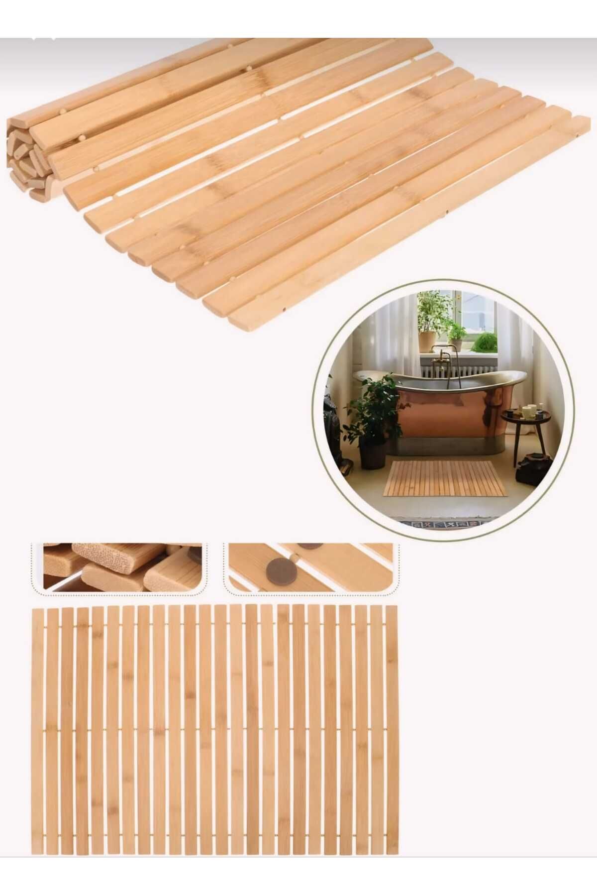MEHAY HOME Çizgili LÜX Bambu Paspas, kaymaz bambu duş paspası, banyo, hızlı kurur, banyo ve küvet 40 x 60 cm