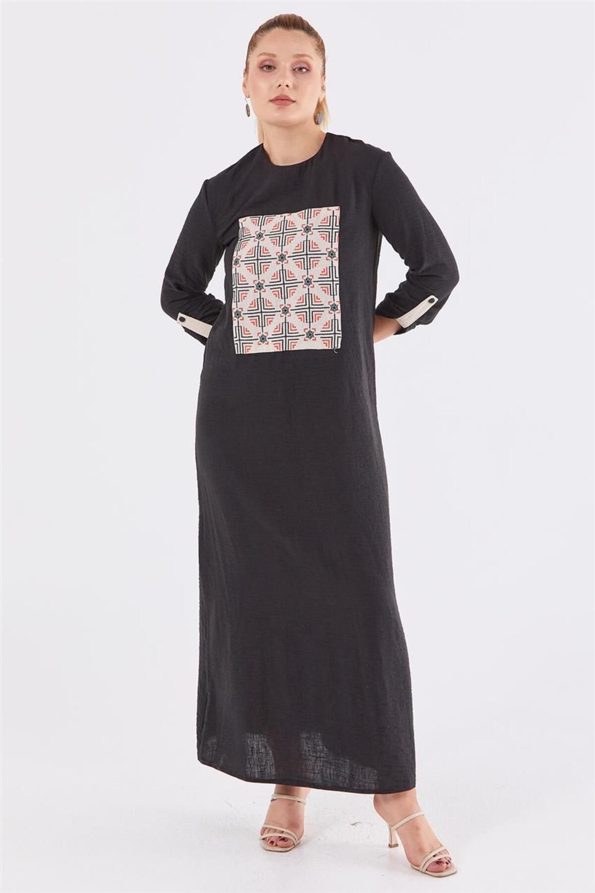 Loreen Geometrik Desenli Siyah Elbise